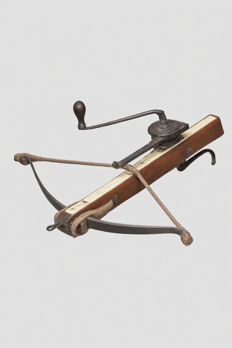 a studio photograph of a historical heavy crossbow,  the Baron's War Bow. It has its crannequin spanning mechanism. It is...