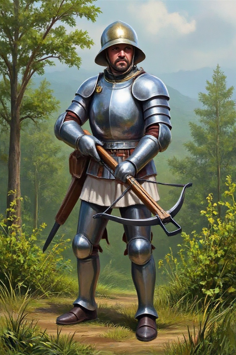 a heavy crossbowman in a full suit of polished plate armor. He wears a sallet helm and a steel cuirass with a brass crest...