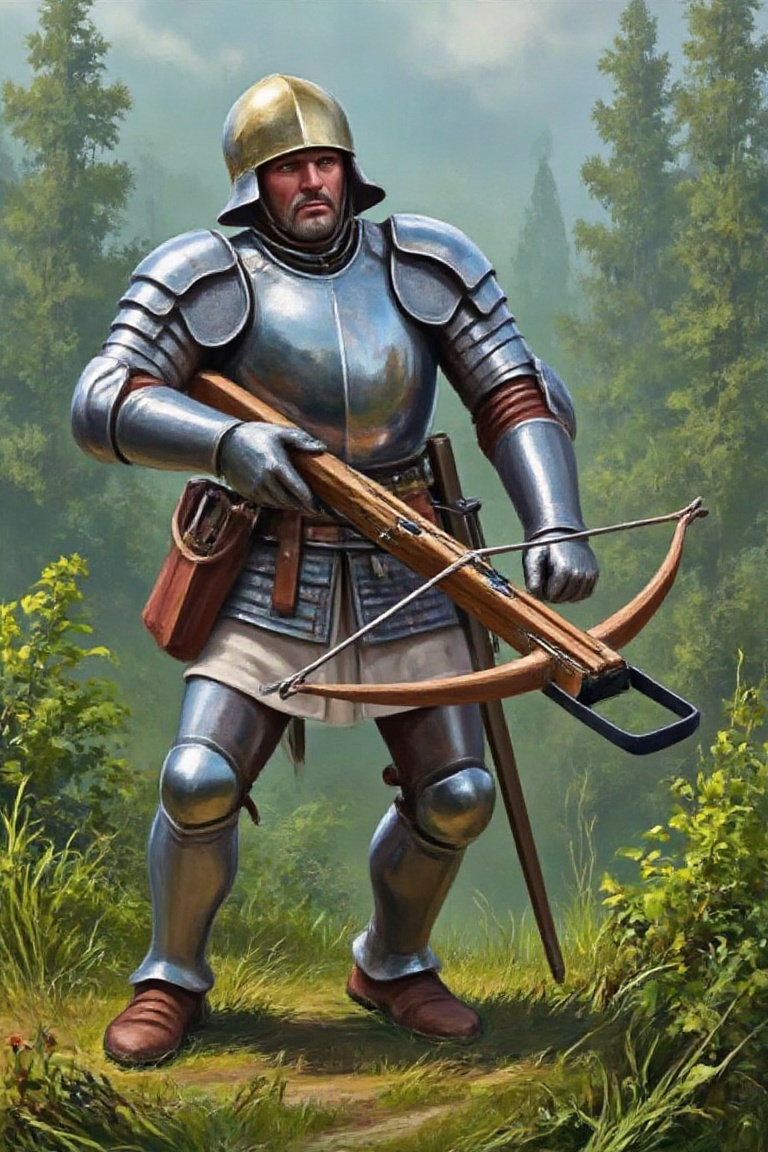 a heavy crossbowman in a full suit of polished plate armor. He wears a sallet helm and a steel cuirass with a brass crest...