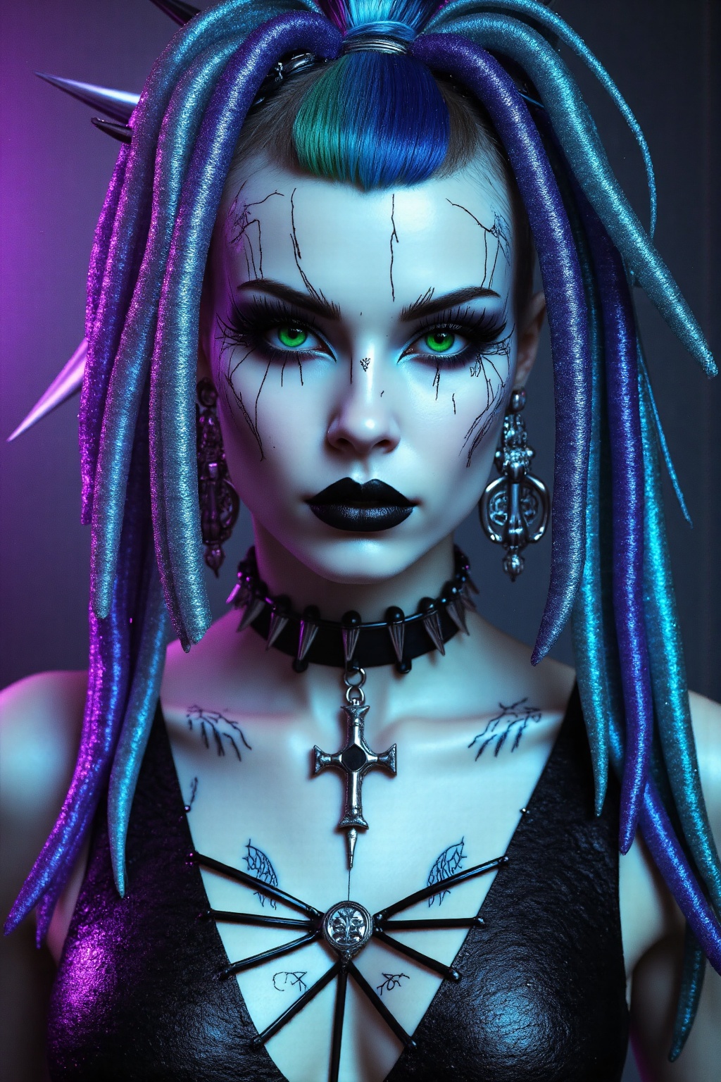 A striking female gothic priestess depicted in a highly detailed portrait with ritualistic,  vampiric,  and cyber influenc...