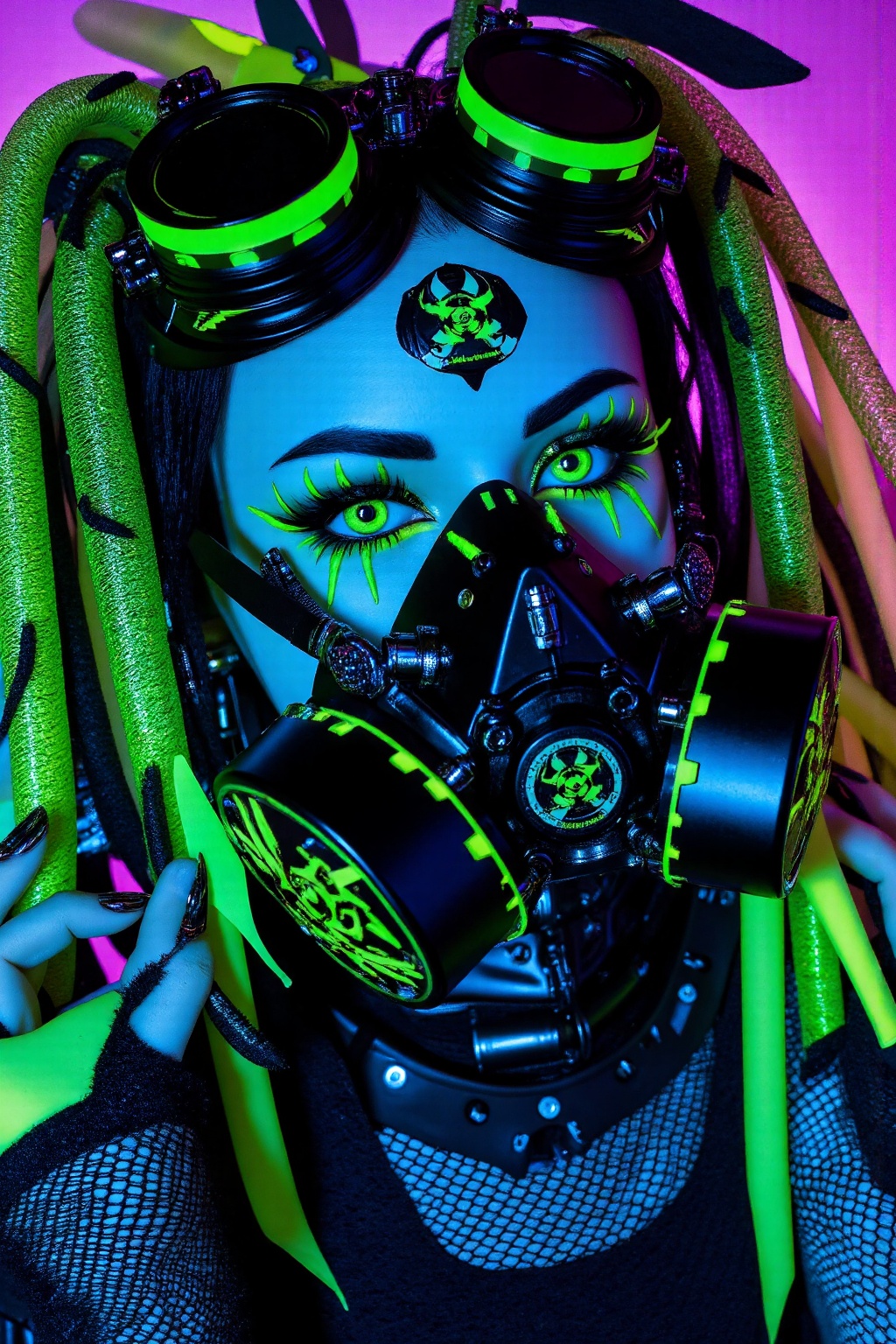 A cyber goth woman illuminated in fluorescent magenta lighting,  exuding toxic elegance and synthetic menace. Her glowing...