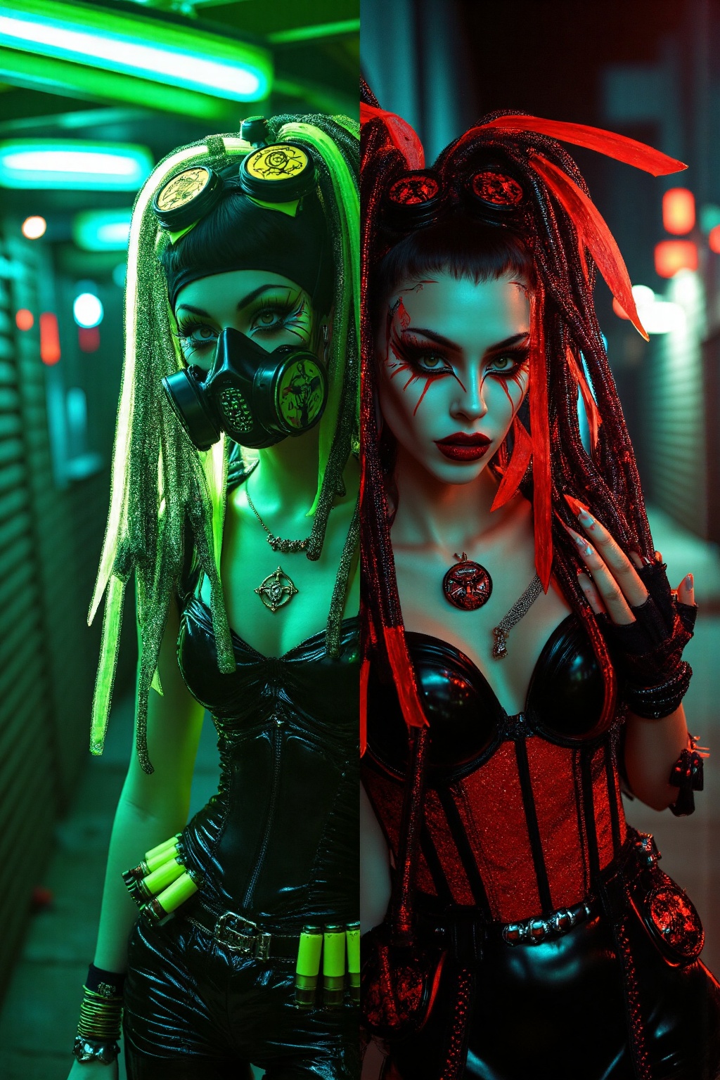 A dramatic and cinematic portrait of two female cybergoth characters standing side by side in contrasting environments and...