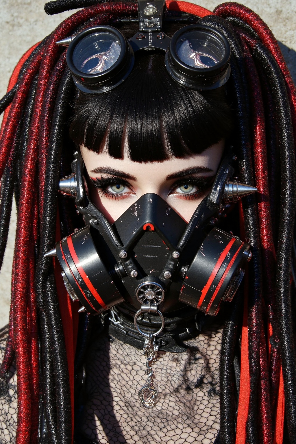 A fierce cyber goth woman captured in sharp contrast,  exuding danger and dominance,  standing against a stark concrete wa...
