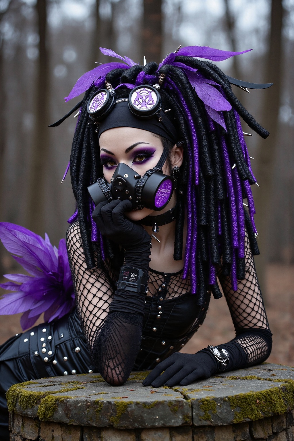 A striking female cybergoth lying seductively on a weathered,  moss-covered stone table in a gloomy forest clearing. Her v...