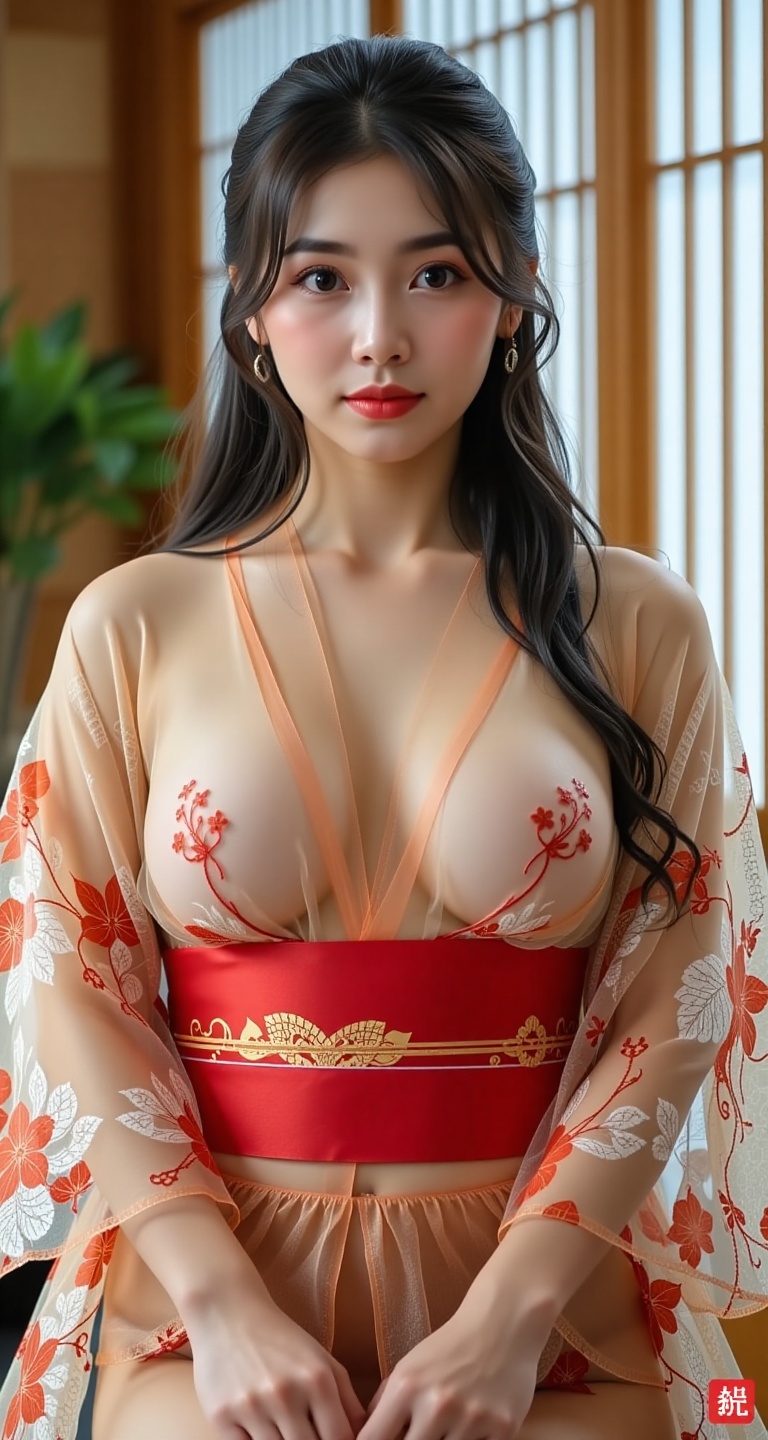 A high-resolution,  photorealistic image of a solo Japanese girl in a see-through kimono. She has long black hair and is l...