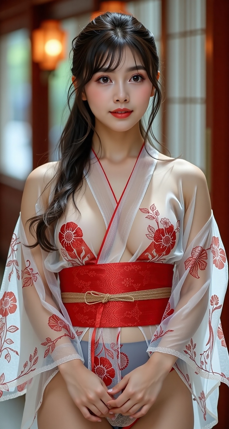 A high-resolution,  photorealistic image of a solo Japanese girl in a see-through kimono. She has long black hair,  lookin...