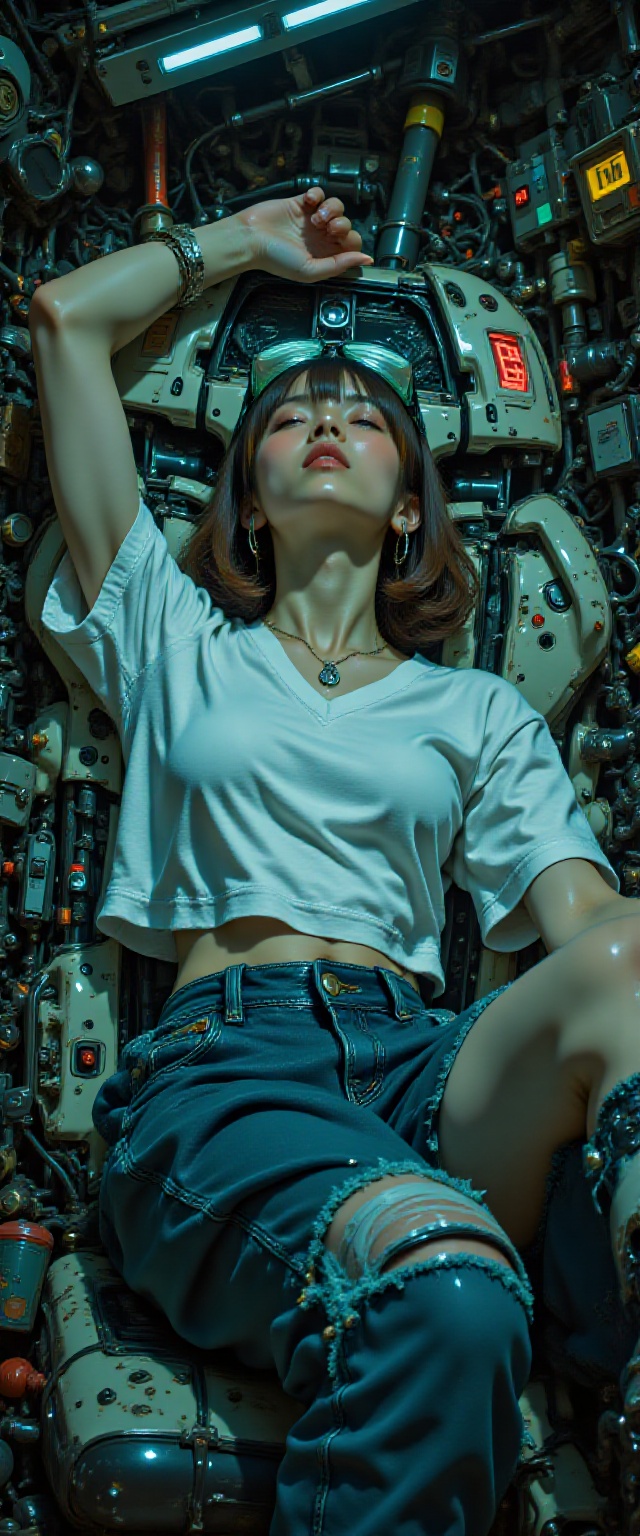Low angle shot of beautiful young japanese woman lying on her back in a relaxe position on cyberpunk cockpit,  Her upper b...