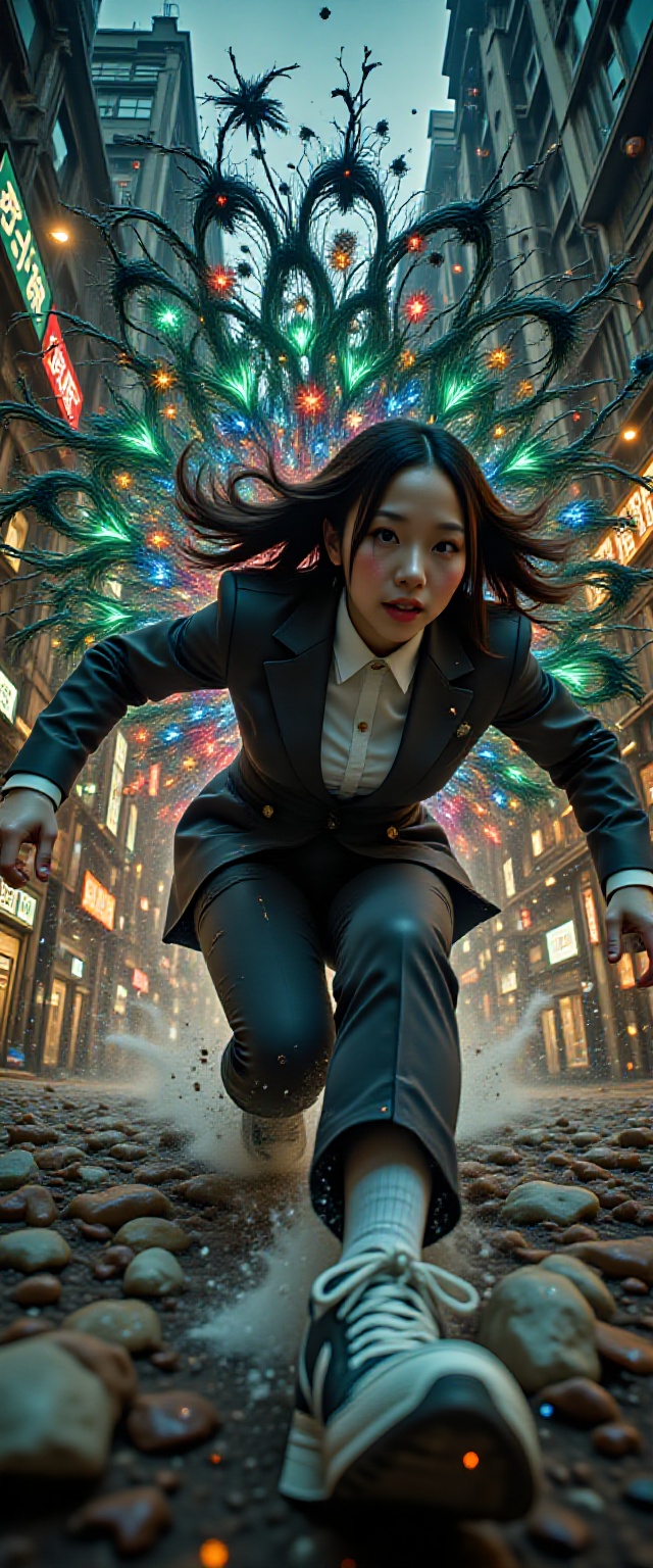 A breathtaking aerial close-up of a young woman in a sharp formal suit,  her long,  straight hair fluttering in the wind a...