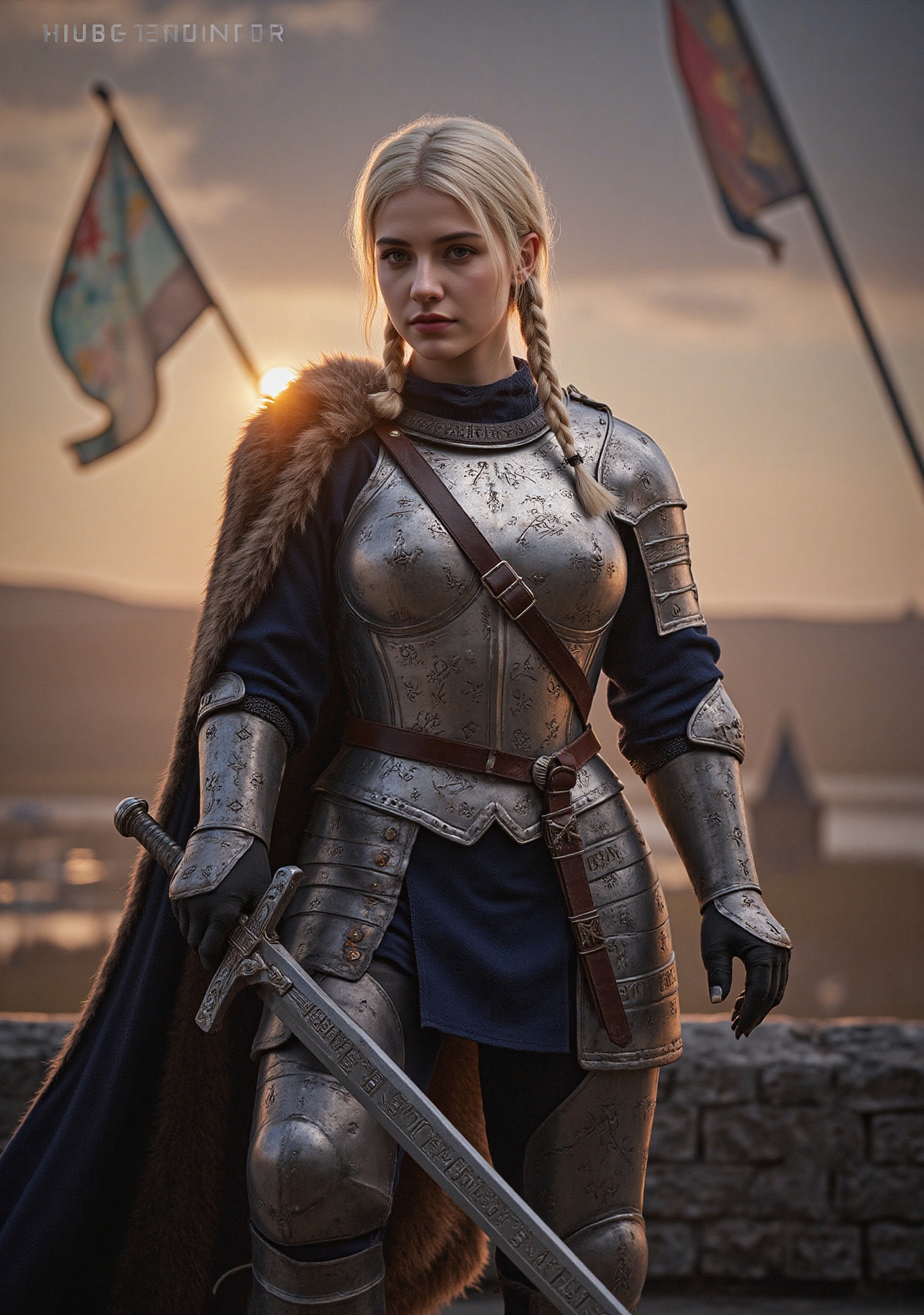 Muscular female knight commander,  mid-30s,  striking Scandinavian warrior features (high cheekbones on Tensor.Art