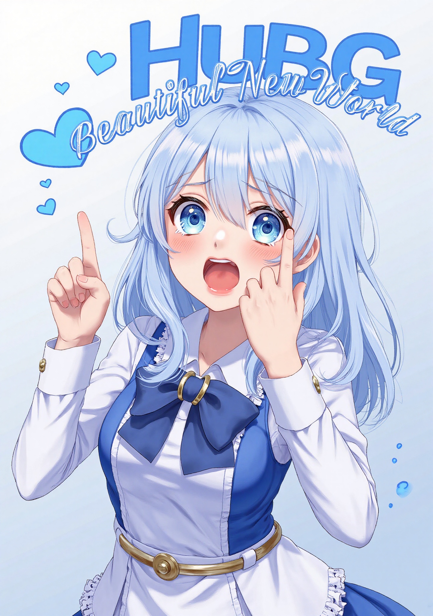 An animated image of an anime girl with blue hair and blue eyes. She is wearing a blue - and - white dress with a gold bel...