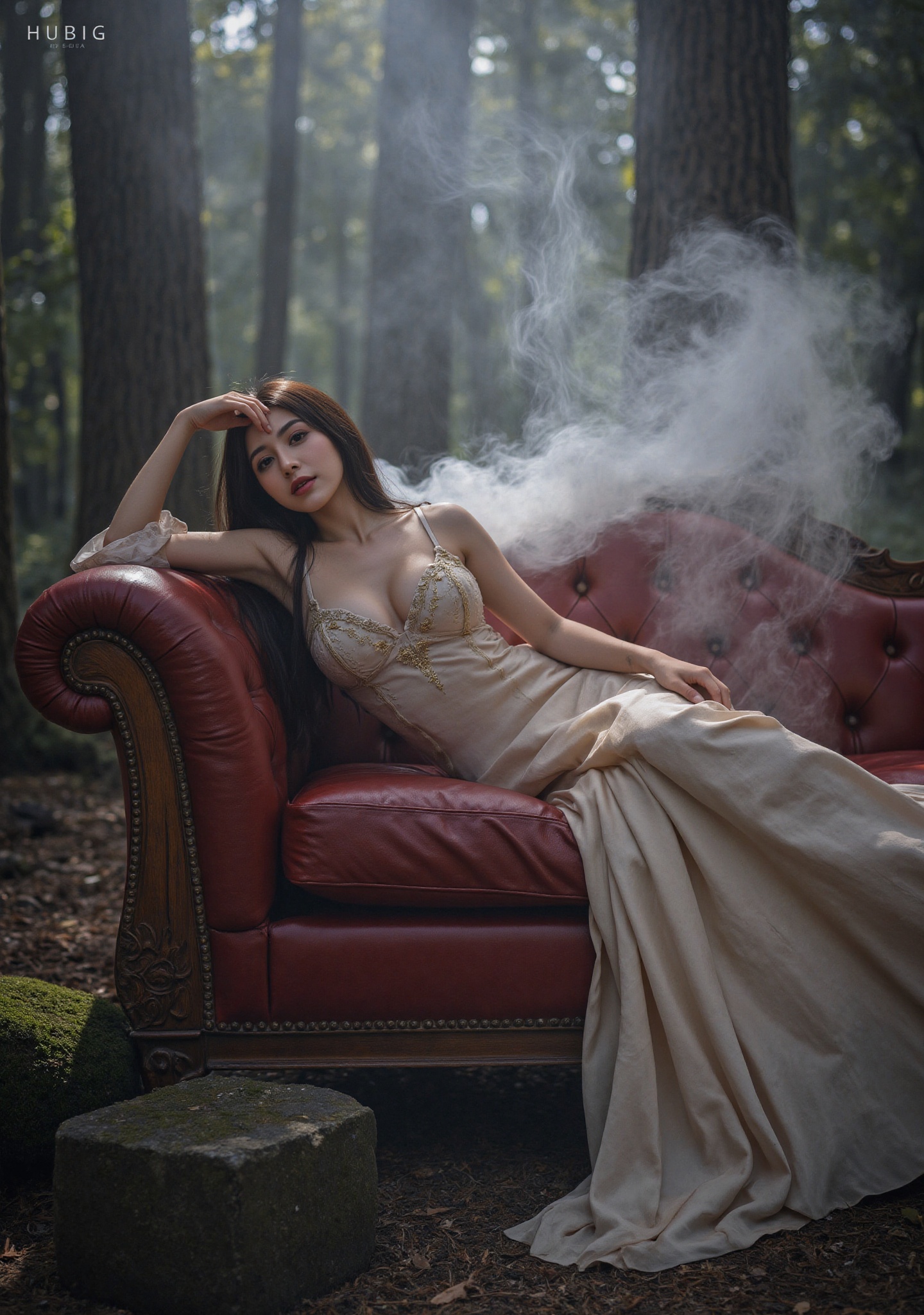 A mysterious woman reclining on a lavish crimson leather sofa deep in a misty forest. Thick swirling fog drifts like silk...