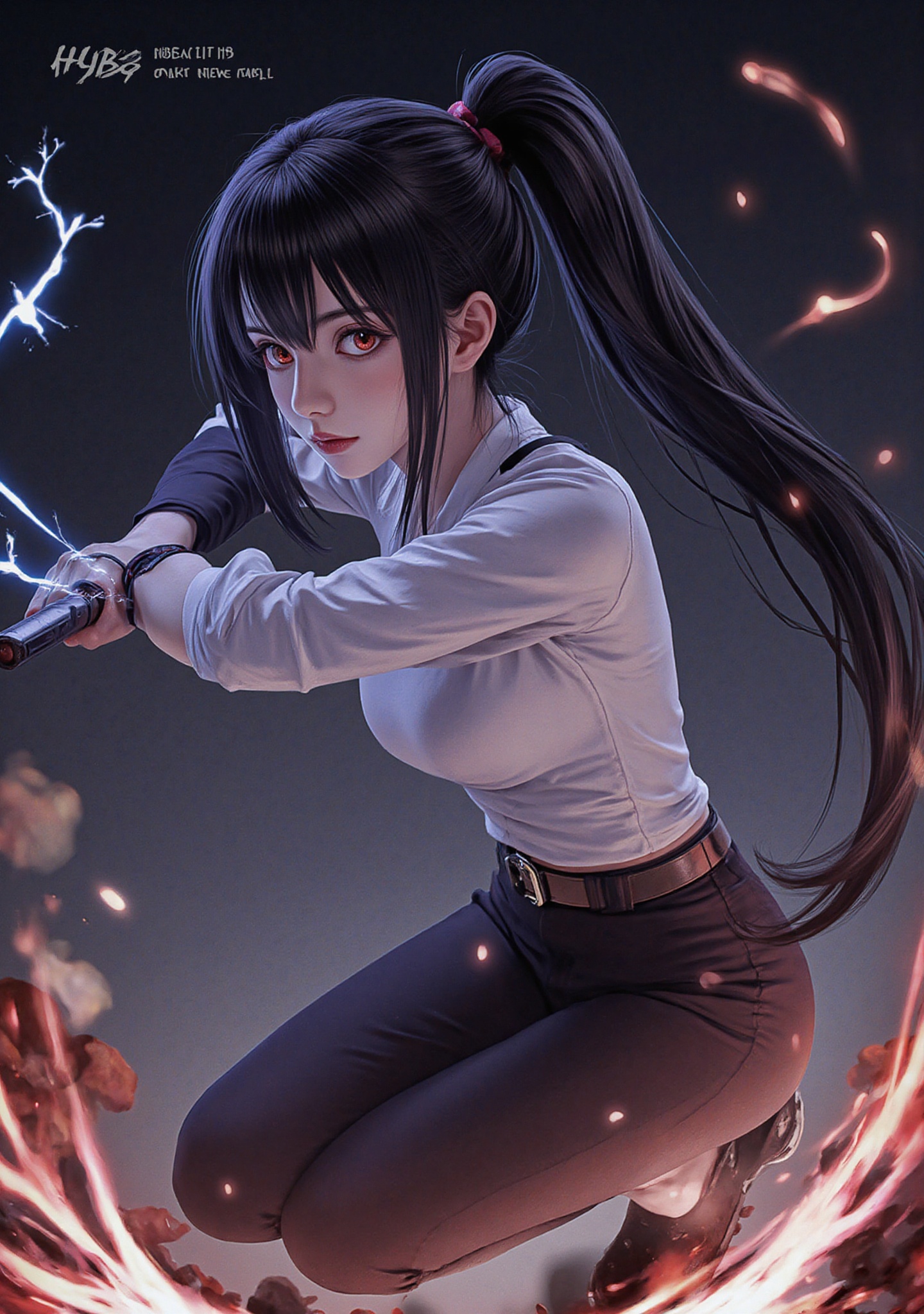 A beautiful female warrior in black pants and a white blouse wields a katana with flashing blue electricity at the audienc...