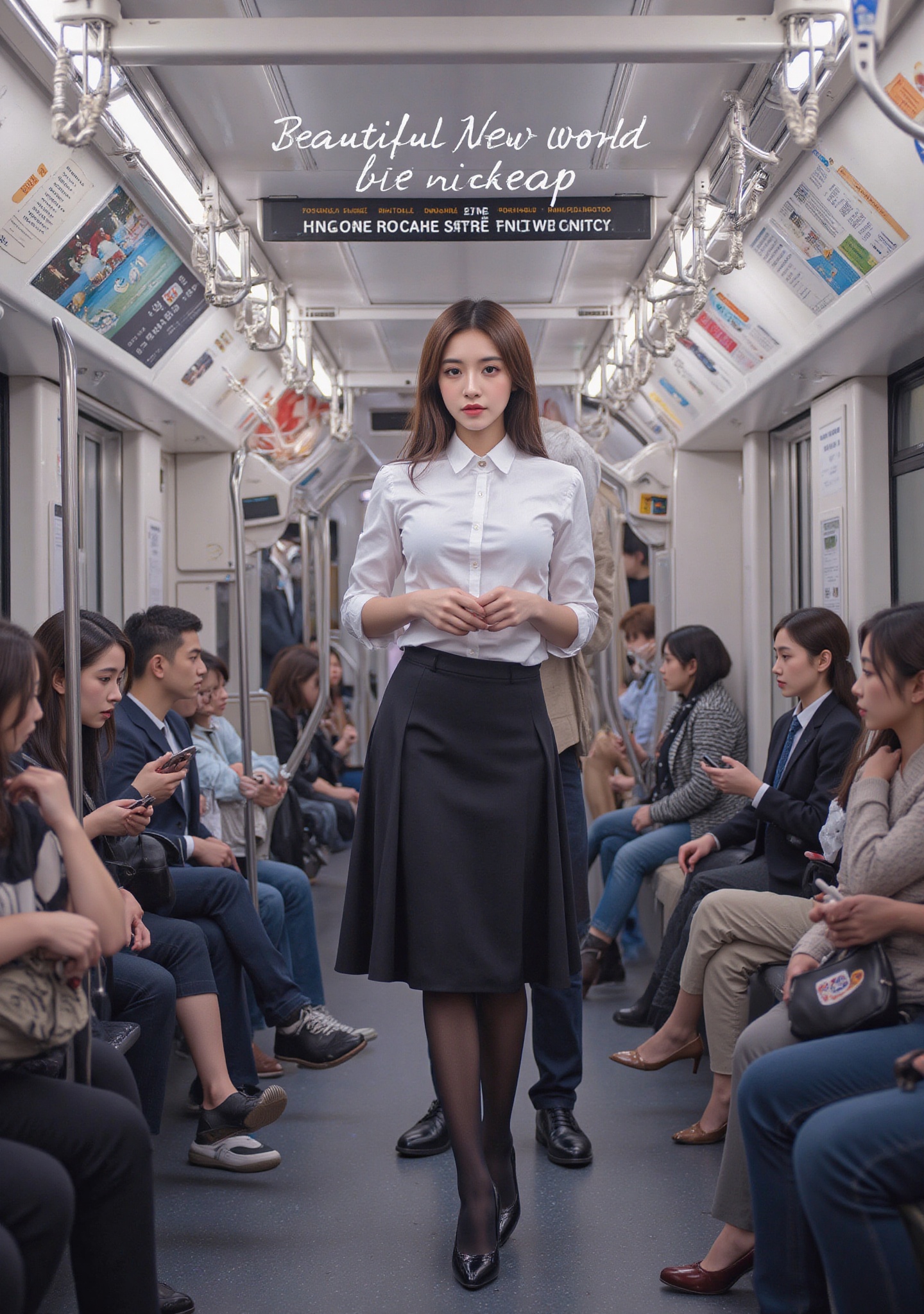 1 girl,  in a tram compartment,  surrounded by a crowd of people on Tensor.Art