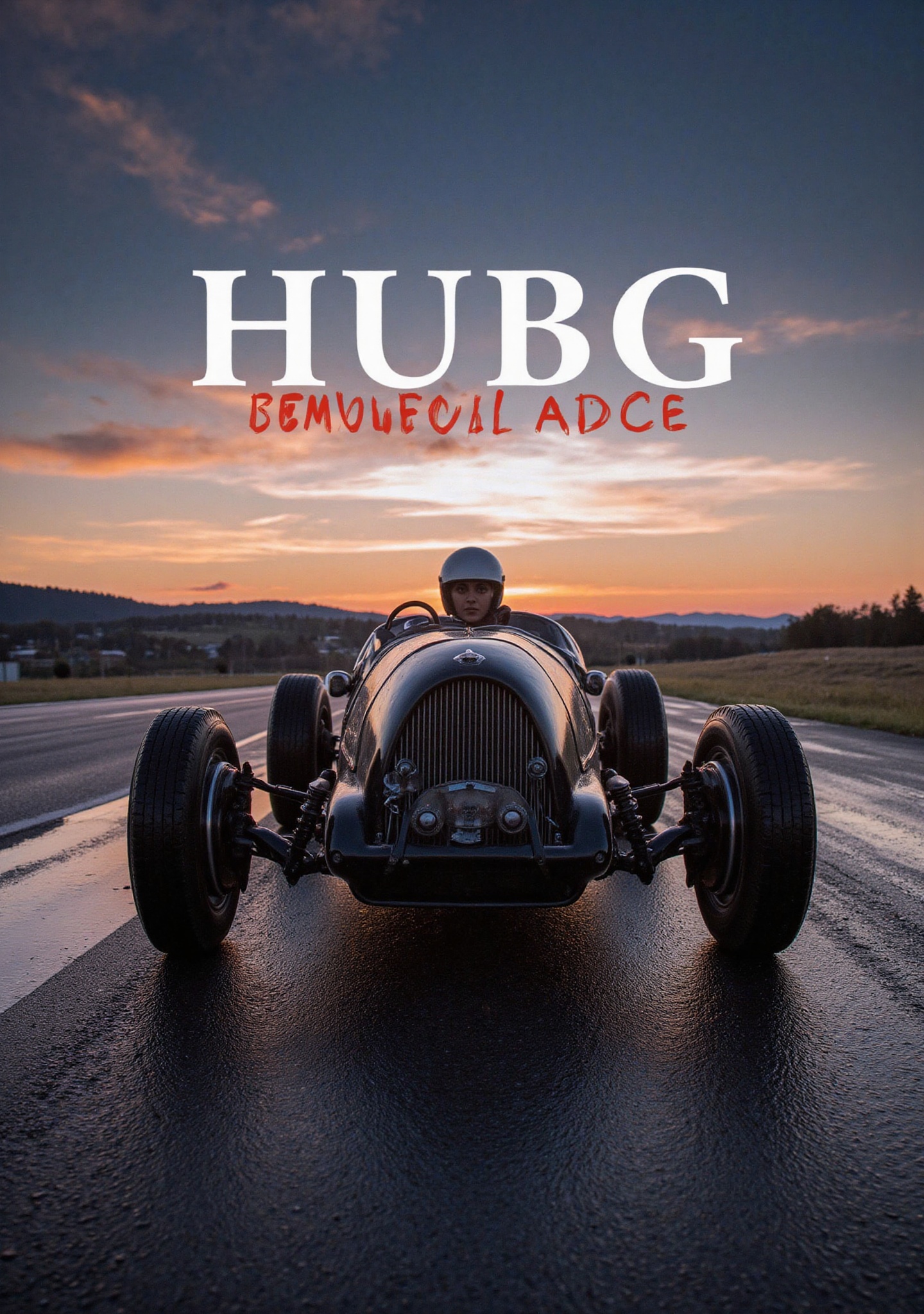 Low-angle head-on shot of a vintage racing car on a wet track at sunset at night,  Dinamic Dramatic,  watercolor The words...