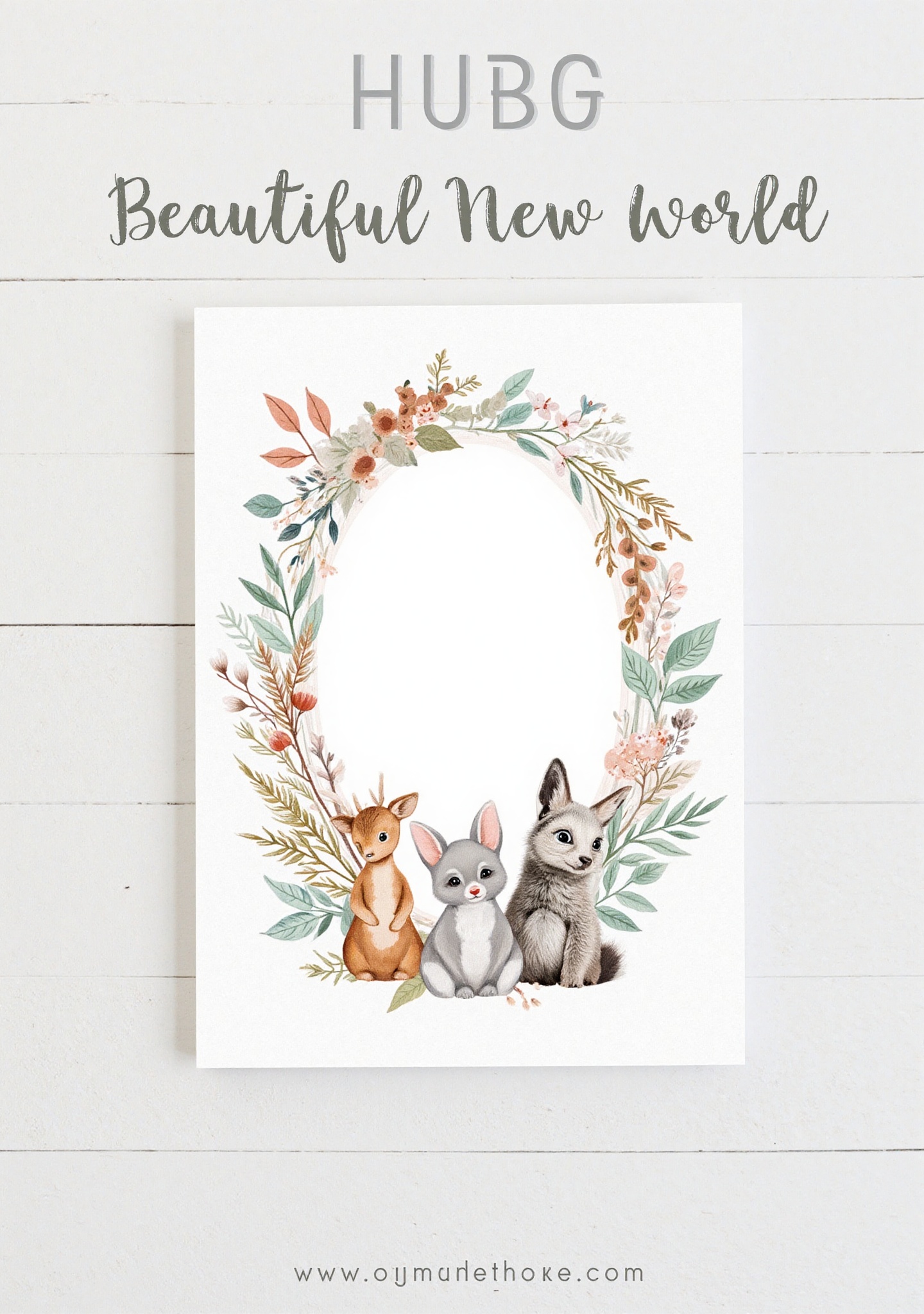Horizontal invitation card with woodland baby animals — a deer,  a bunny,  and a raccoon — sitting around a white oval spa...