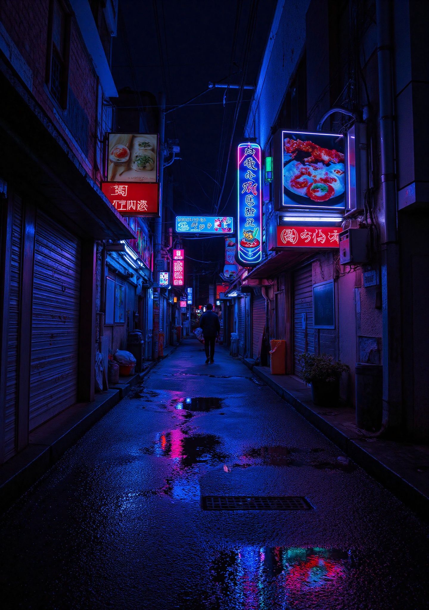 Neon Labyrinth: Narrow alleys of Tokyo,  bathed in the eerie glow of neon signs. The signs flicker and hum,  casting vibra...