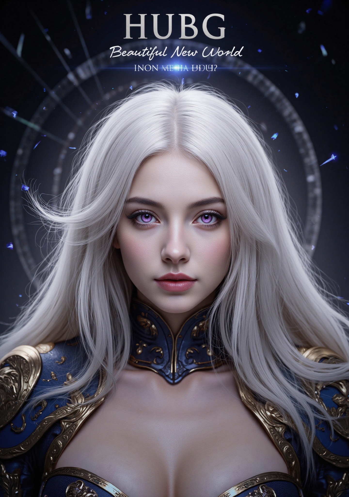 A highly detailed digital artwork of a beautiful,  ethereal woman with long,  flowing white hair and piercing purple eyes....