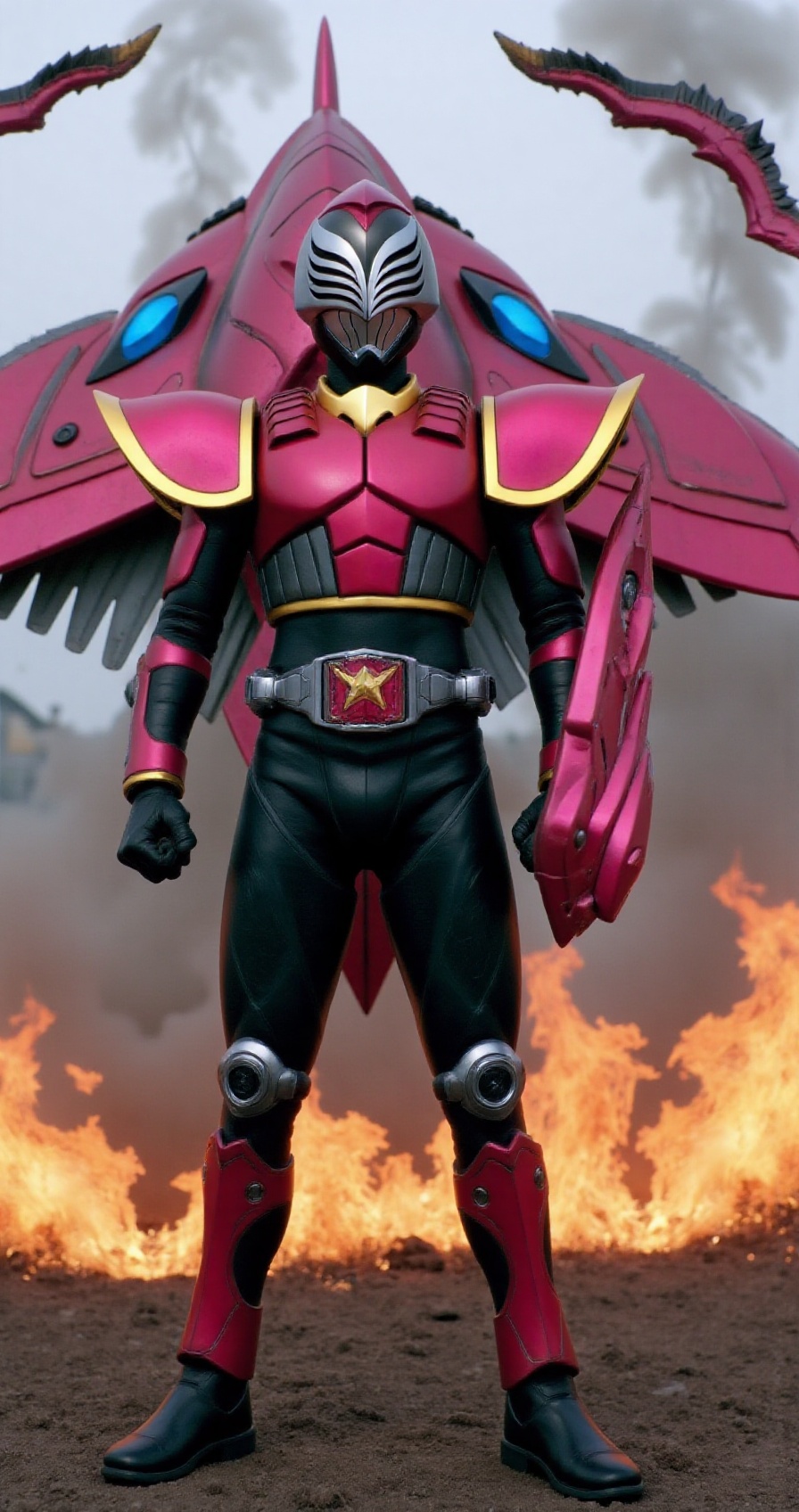raia-rider-style,  evildiver-mech-style,  a tokusatsu hero in magenta and gold armor dynamic action stance in a burning ba...