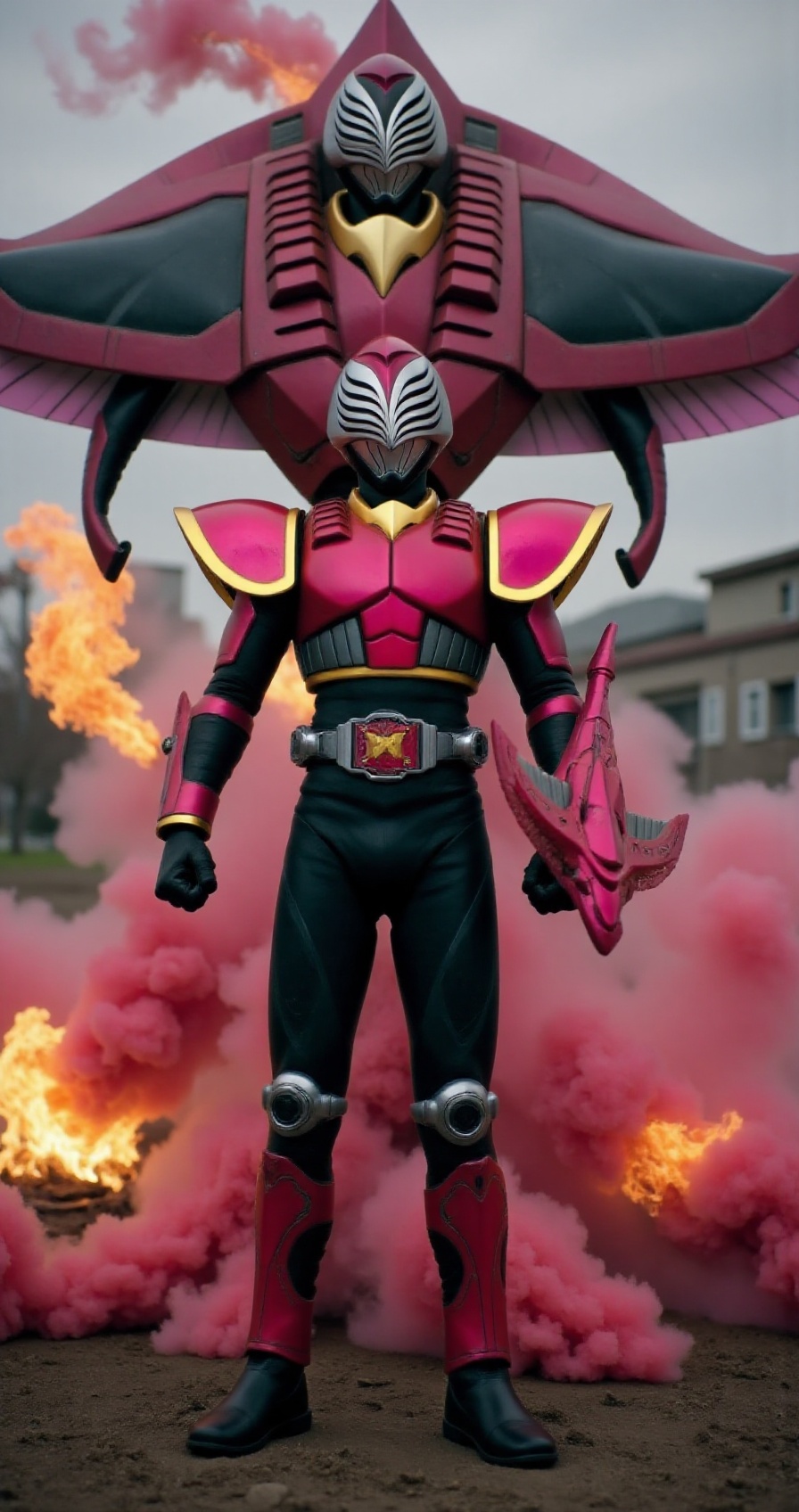 raia-rider-style,  evildiver-mech-style,  a tokusatsu hero in magenta and gold armor standing in a burning battlefield on...