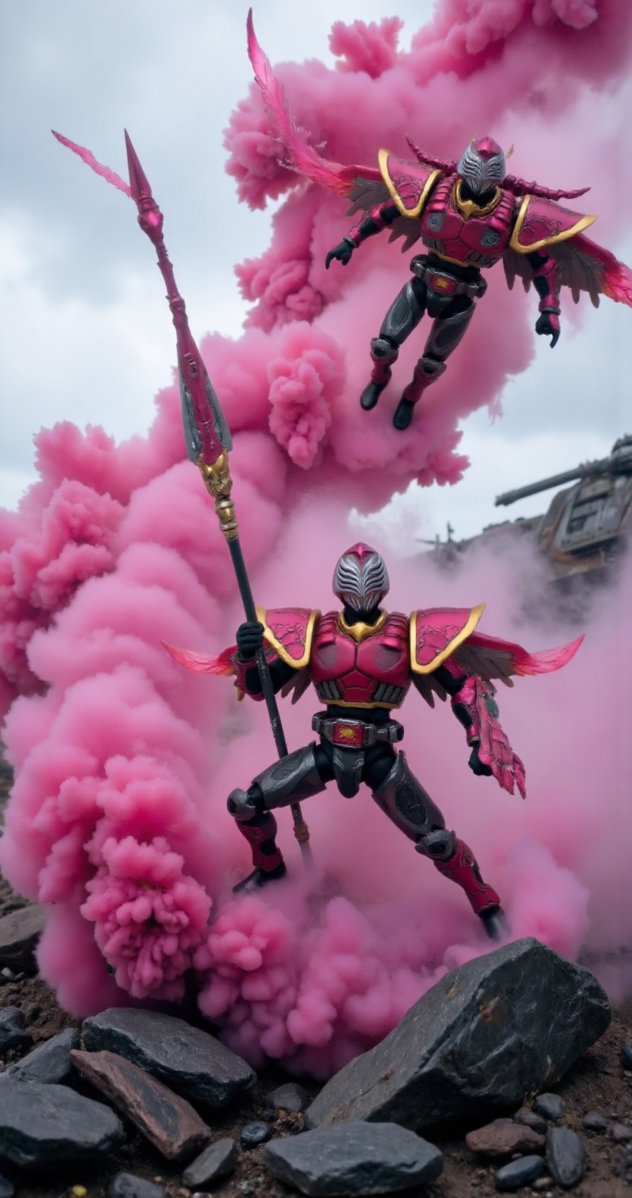 raia-rider-style,  evildiver-mech-style,  tokusatsu hero leaping forward with a spear on Tensor.Art