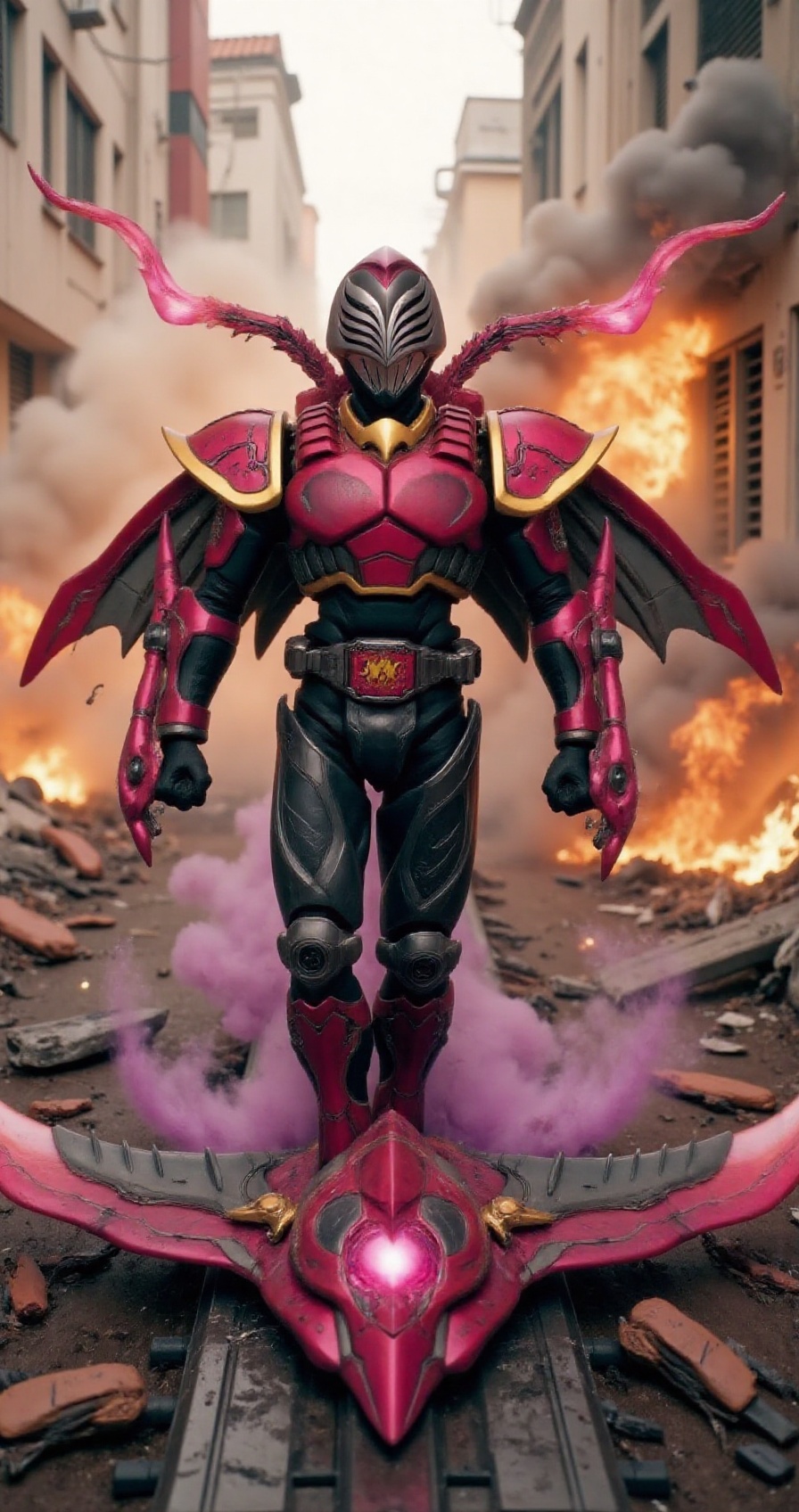 raia-rider-style summoning evildiver-mech-style in the middle of The blurred and suggestive of a destroyed urban environme...