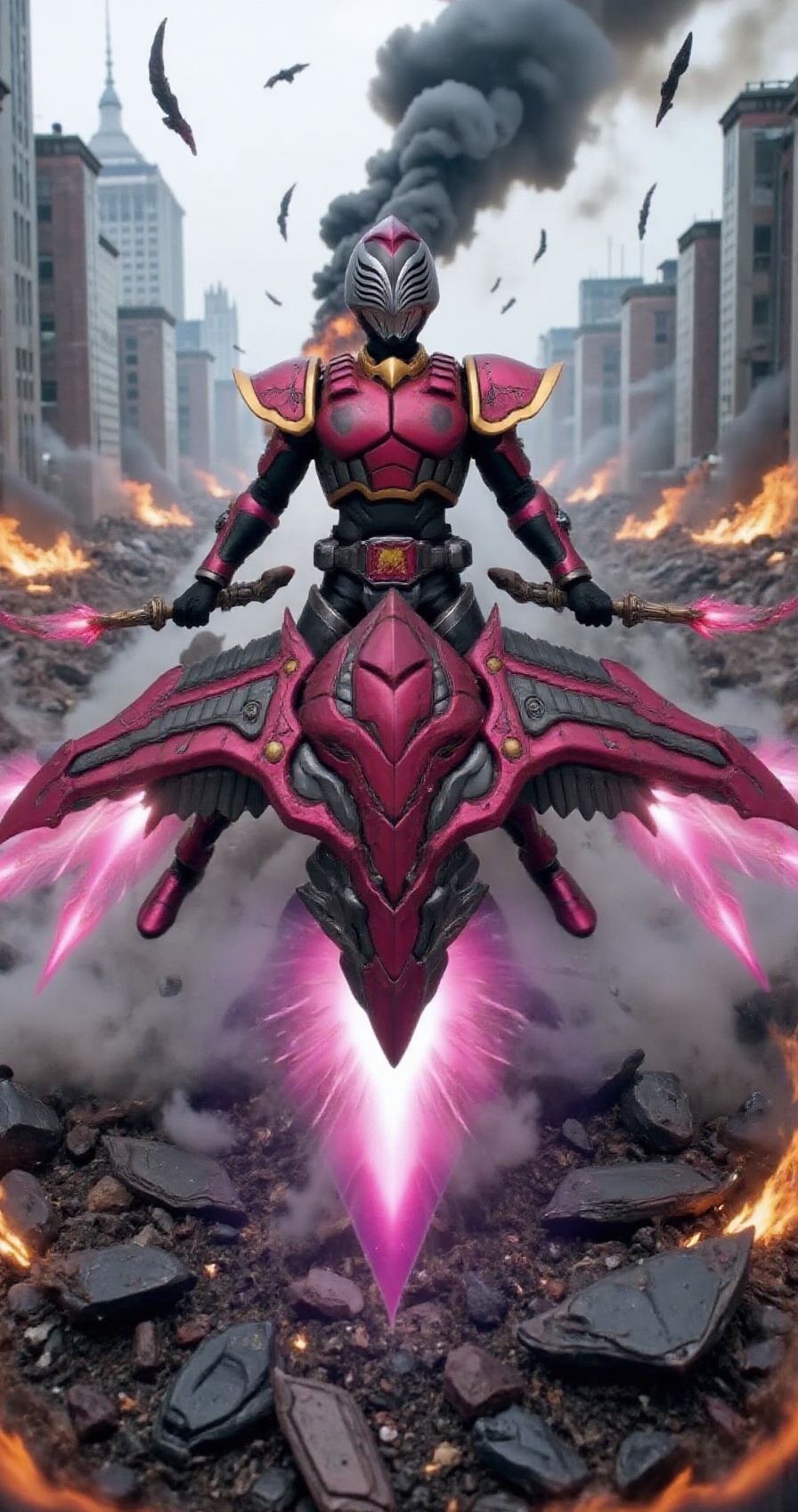 raia-rider-style summoning evildiver-mech-style in the middle of a destroyed city battlefield,  debris and fire everywhere...
