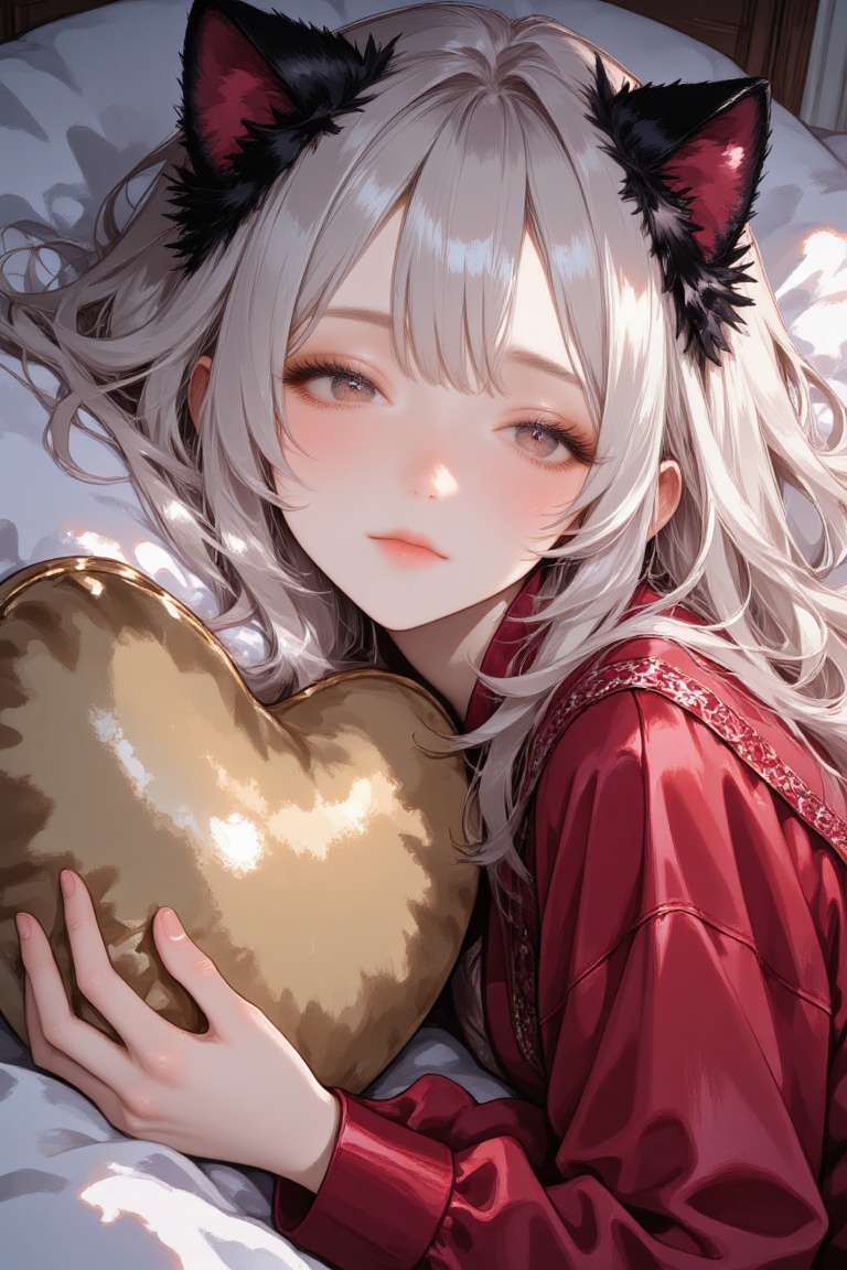 Close-up portrait of a beautiful young woman with white hair and burgundy highlights,  wearing a cute red satin pajama set...