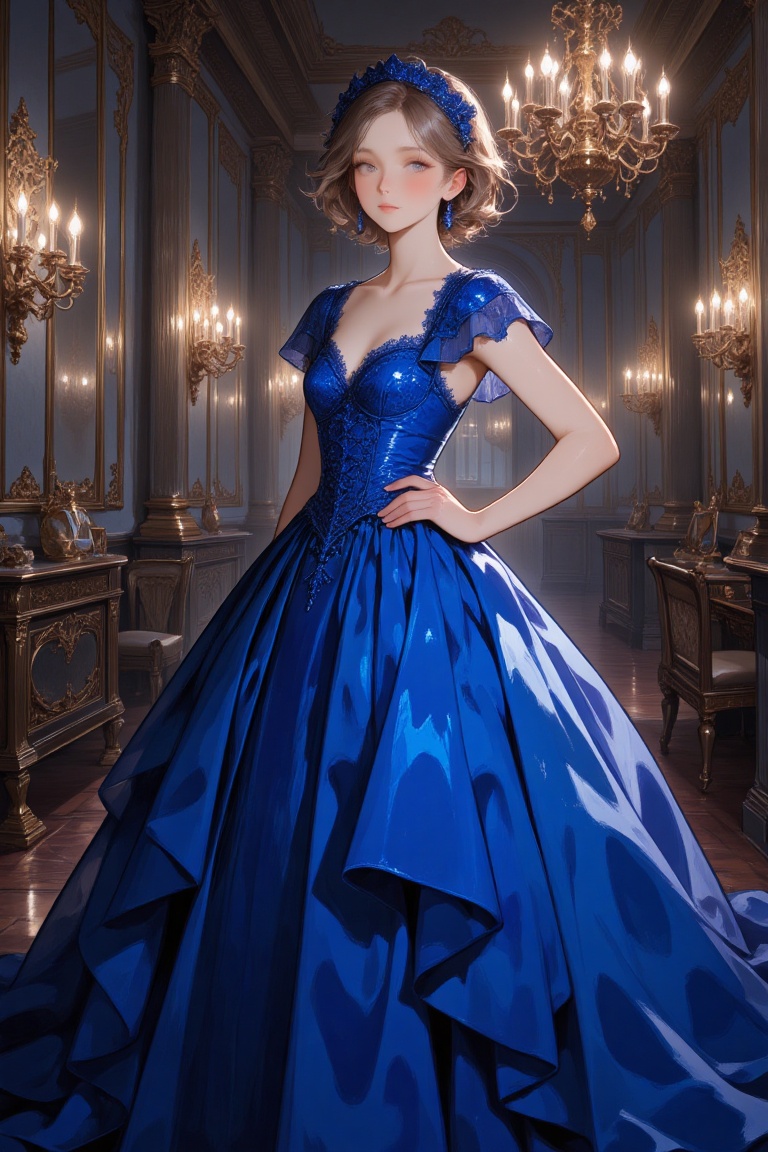 A girl wearing a beautiful,  mesmerizing,  and eye-catching dress in royal blue stands gracefully in a grand ballroom. Sof...