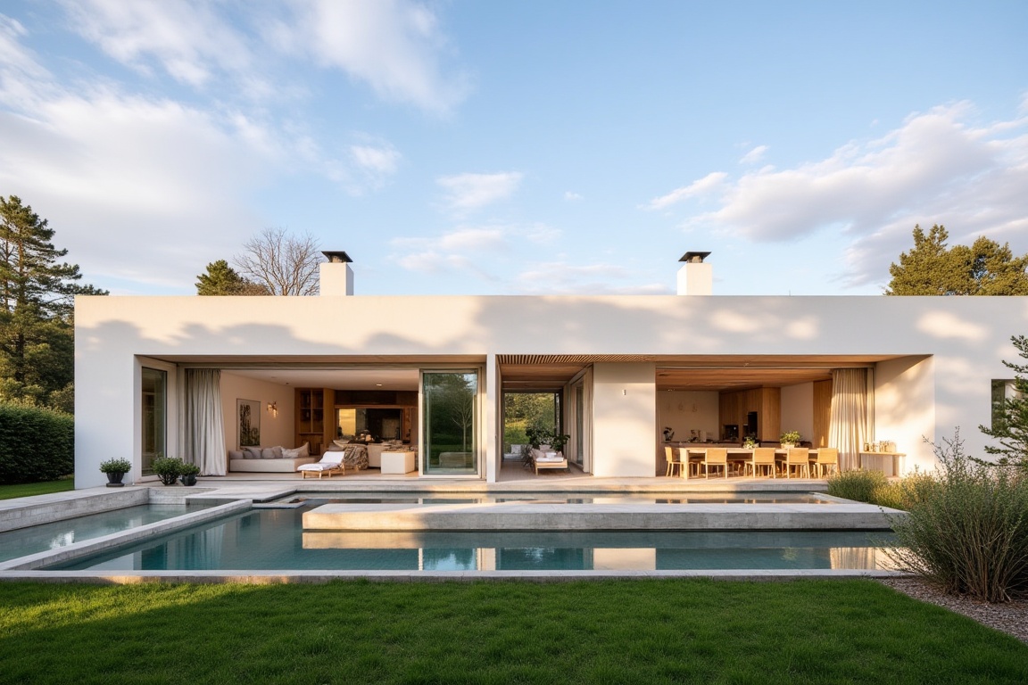 Modern Scandinavian summer villa located in Denmark,  minimalist architecture with flat roof and clean geometric lines,  w...