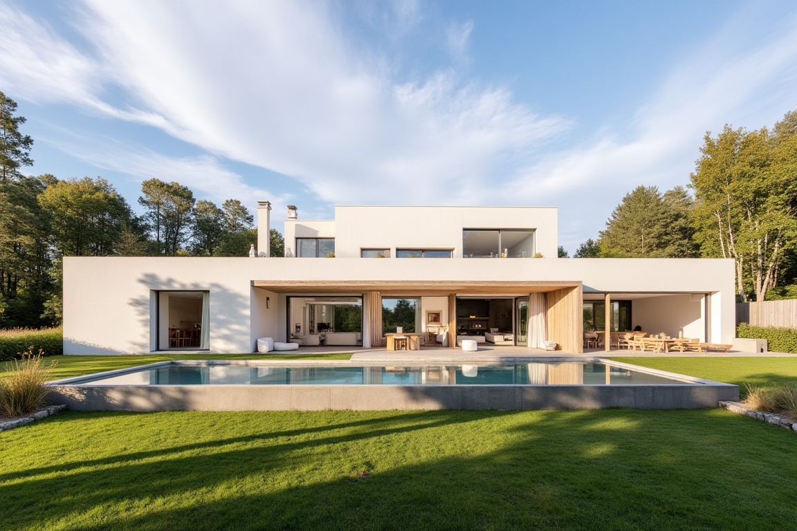 Modern Scandinavian summer villa located in Denmark,  minimalist architecture with flat roof and clean geometric lines,  w...