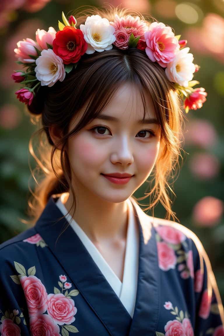 The image depicts a young woman dressed in a traditional Japanese kimono. The kimono is dark blue with floral patterns in...