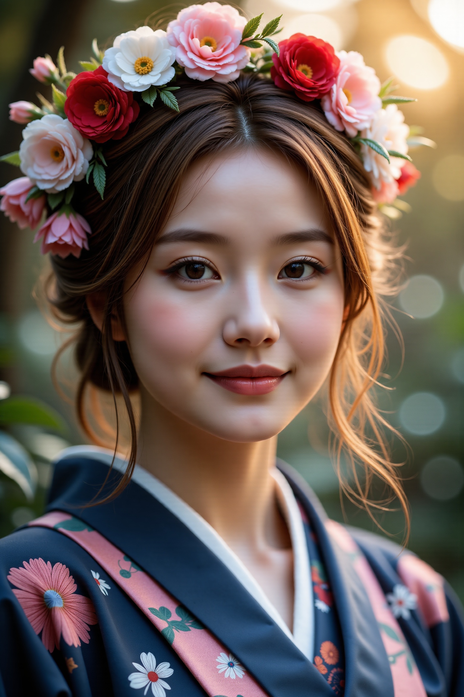 The image depicts a young woman dressed in a traditional Japanese kimono. The kimono is dark blue with floral patterns in...