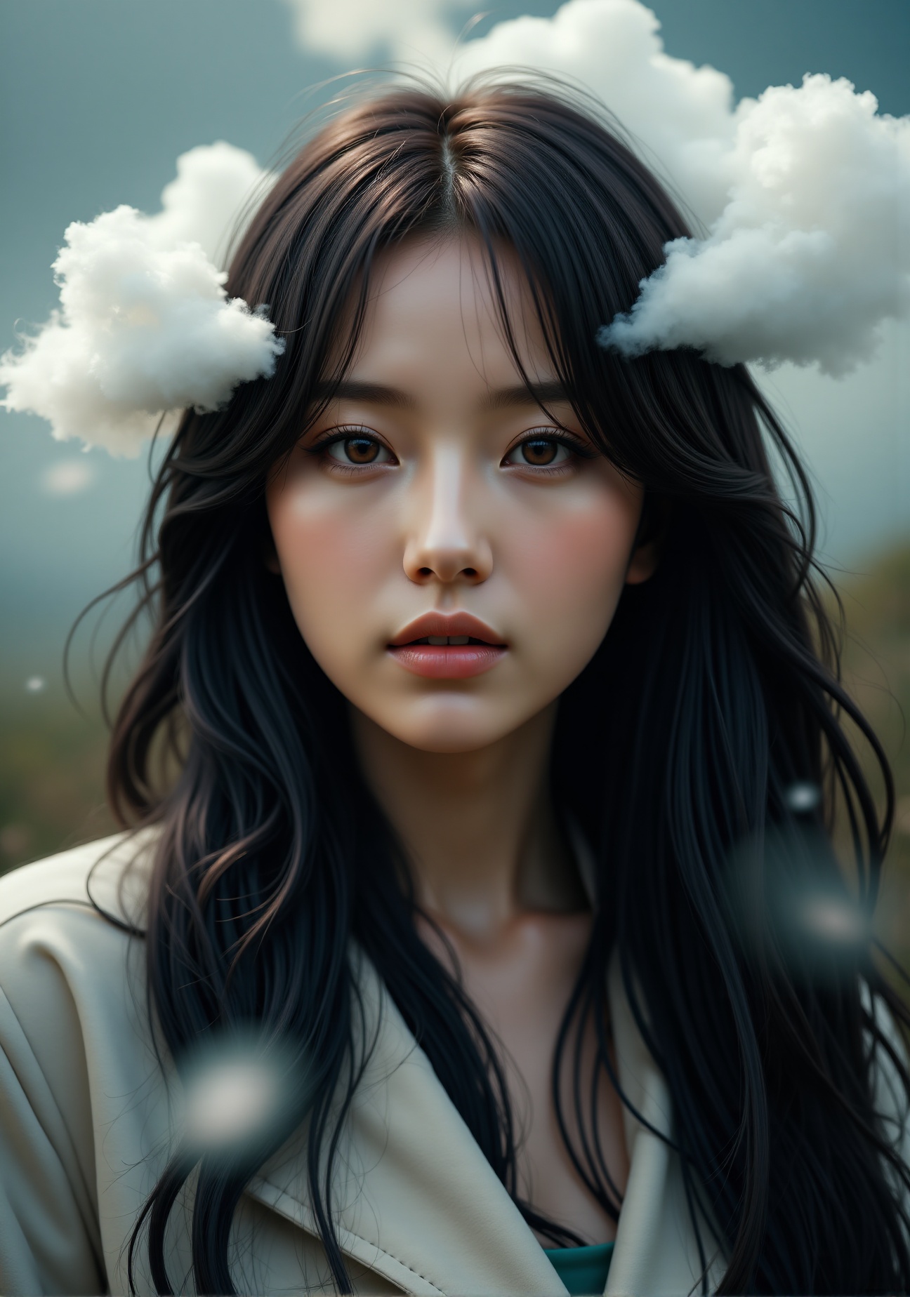 The Asian woman with her head in the clouds,  long black hair,  eyes opened......... professional photoshoot on Tensor.Art