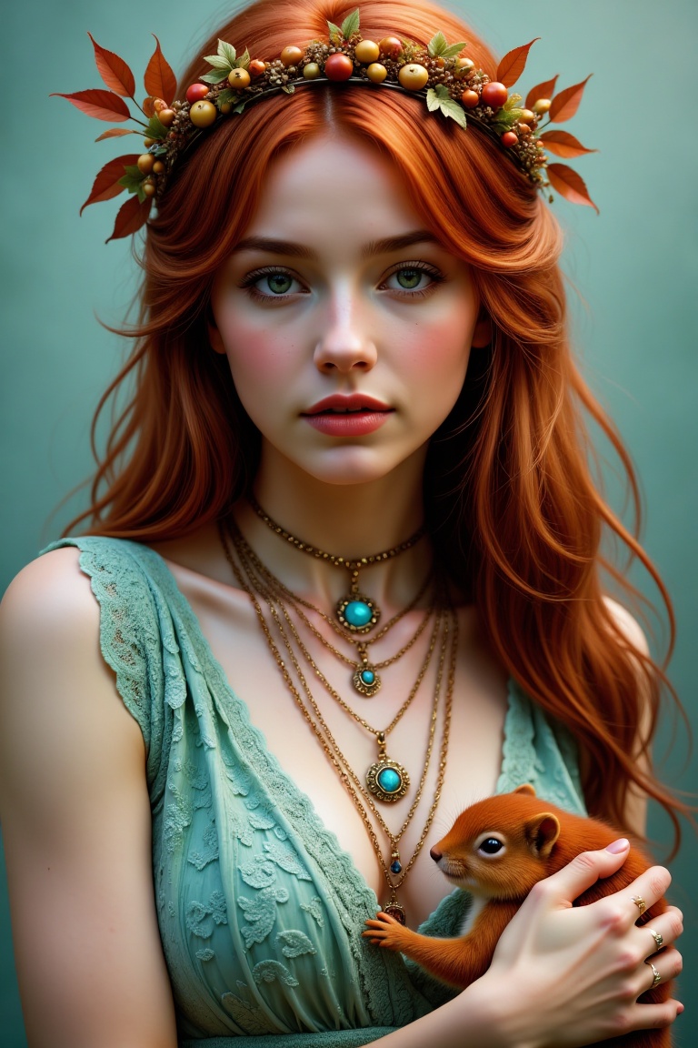 An ethereal digital painting featuring a young woman with vibrant auburn hair styled in cascading waves,  adorned with a c...