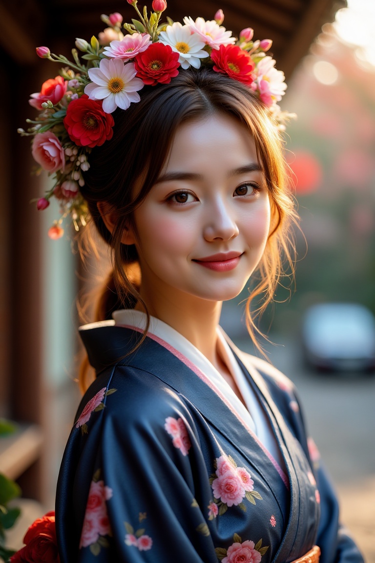 The image depicts a young woman dressed in a traditional Japanese kimono. The kimono is dark blue with floral patterns in...