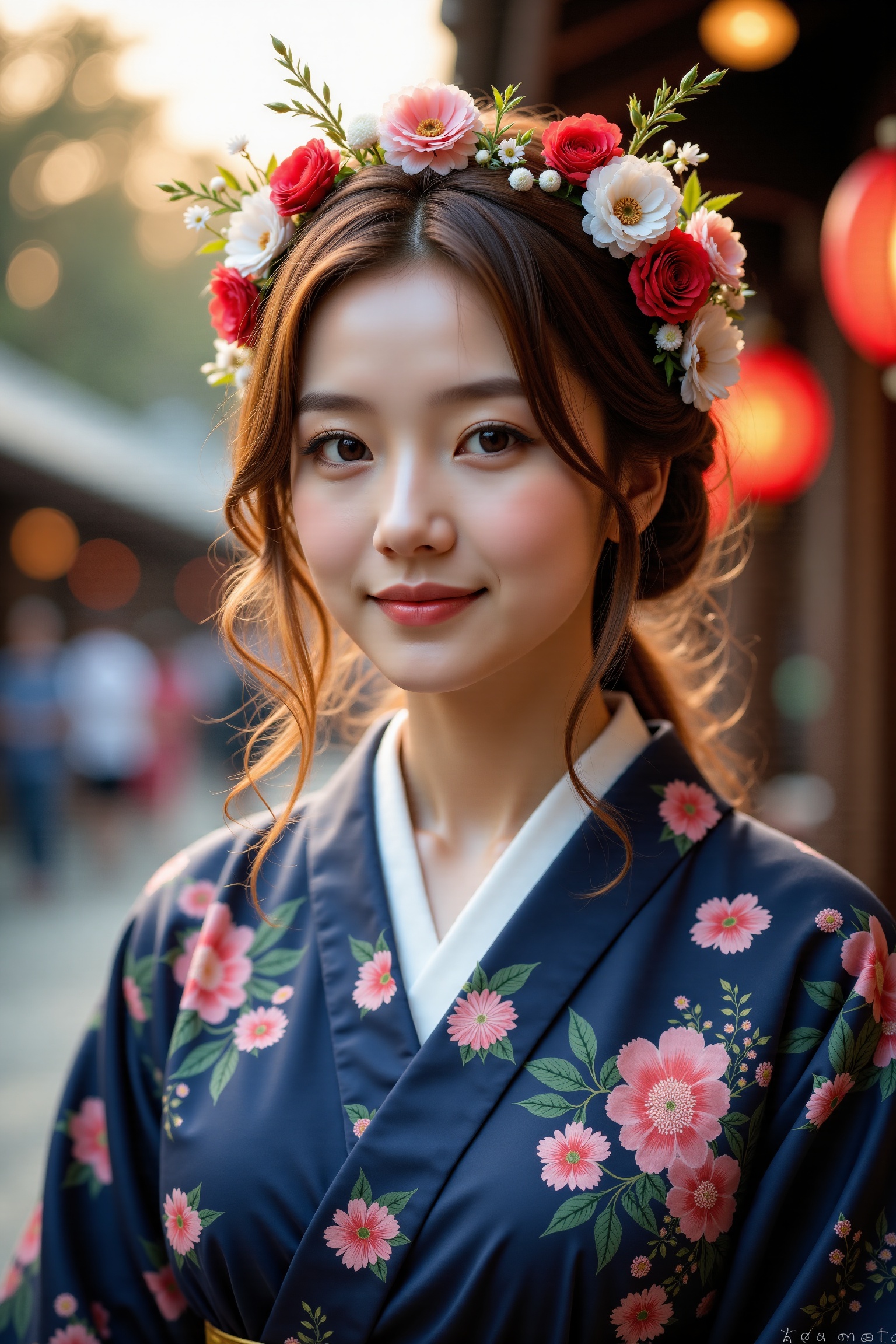 The image depicts a young woman dressed in a traditional Japanese kimono. The kimono is dark blue with floral patterns in...