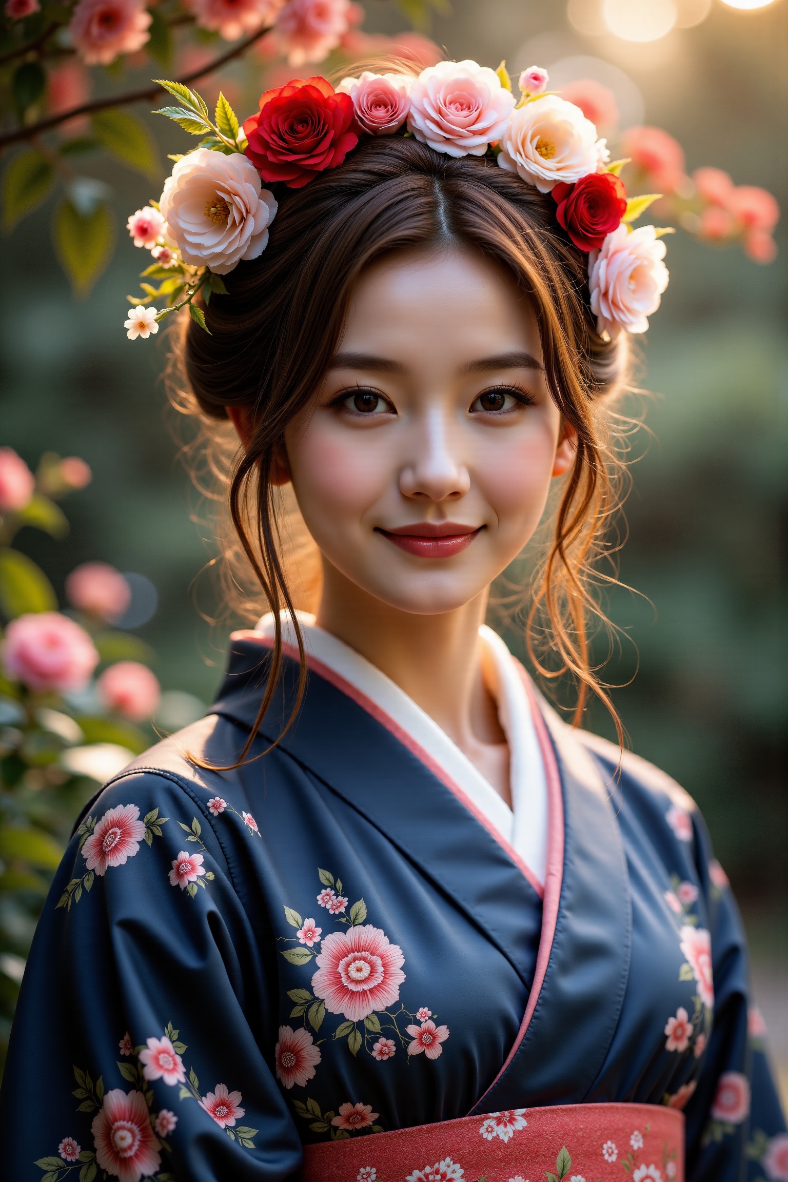 The image depicts a young woman dressed in a traditional Japanese kimono. The kimono is dark blue with floral patterns in...