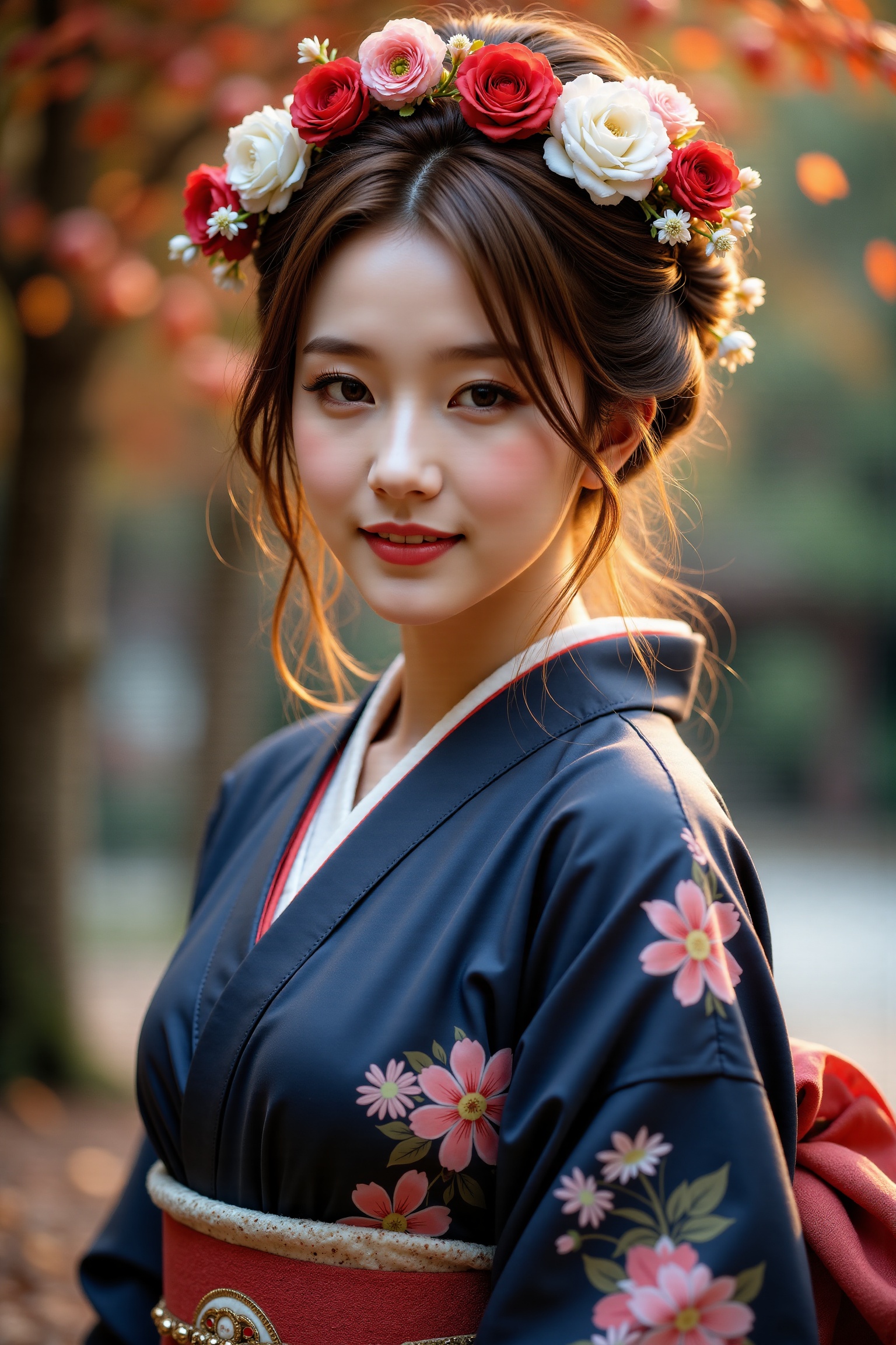 The image depicts a young woman dressed in a traditional Japanese kimono. The kimono is dark blue with floral patterns in...