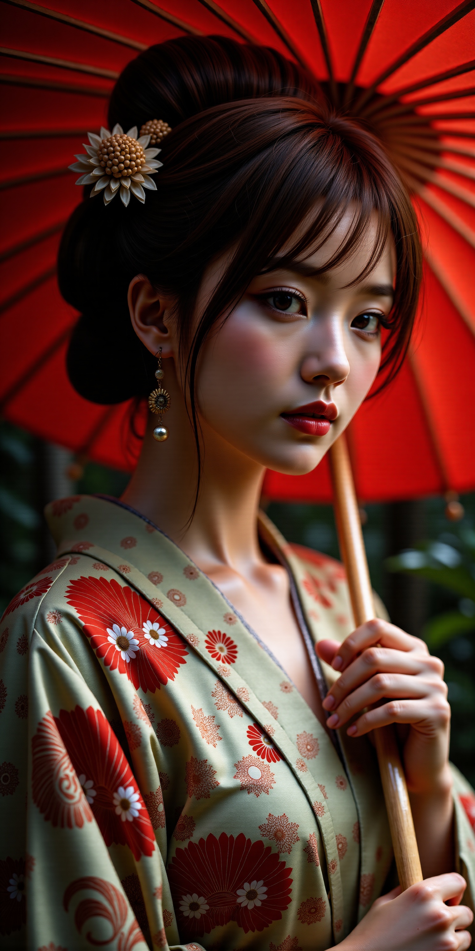 A beautiful Japanese woman wearing an elegant,  intricately patterned kimono,  holding a large red traditional Japanese um...