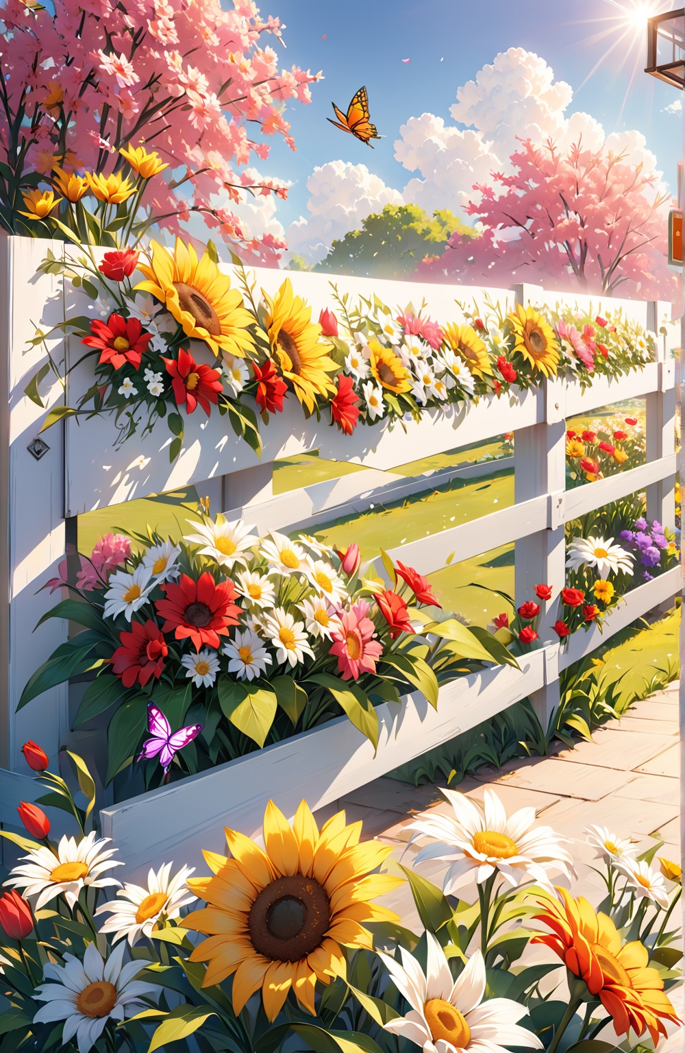 a billboard featuring a vibrant gradient background from pink to purple. Fill the billboard with a variety of colorful flo...