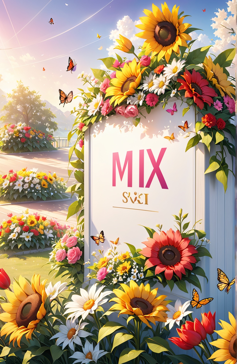 a billboard featuring a vibrant gradient background from pink to purple. Fill the billboard with a variety of colorful flo...