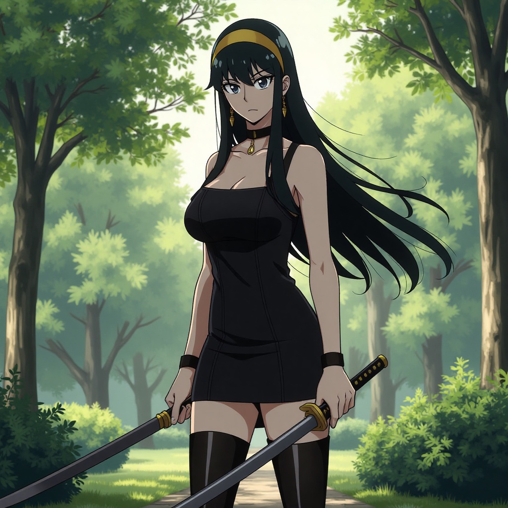 Yor Forger,  spy x family standing in a garden,  long black hair on Tensor.Art
