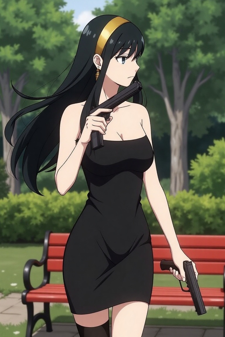Yor Forger,  spy x family standing in a garden,  long black hair on Tensor.Art
