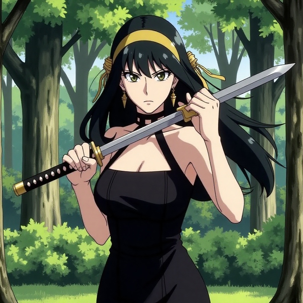 Yor Forger,  spy x family standing in a garden,  long black hair on Tensor.Art