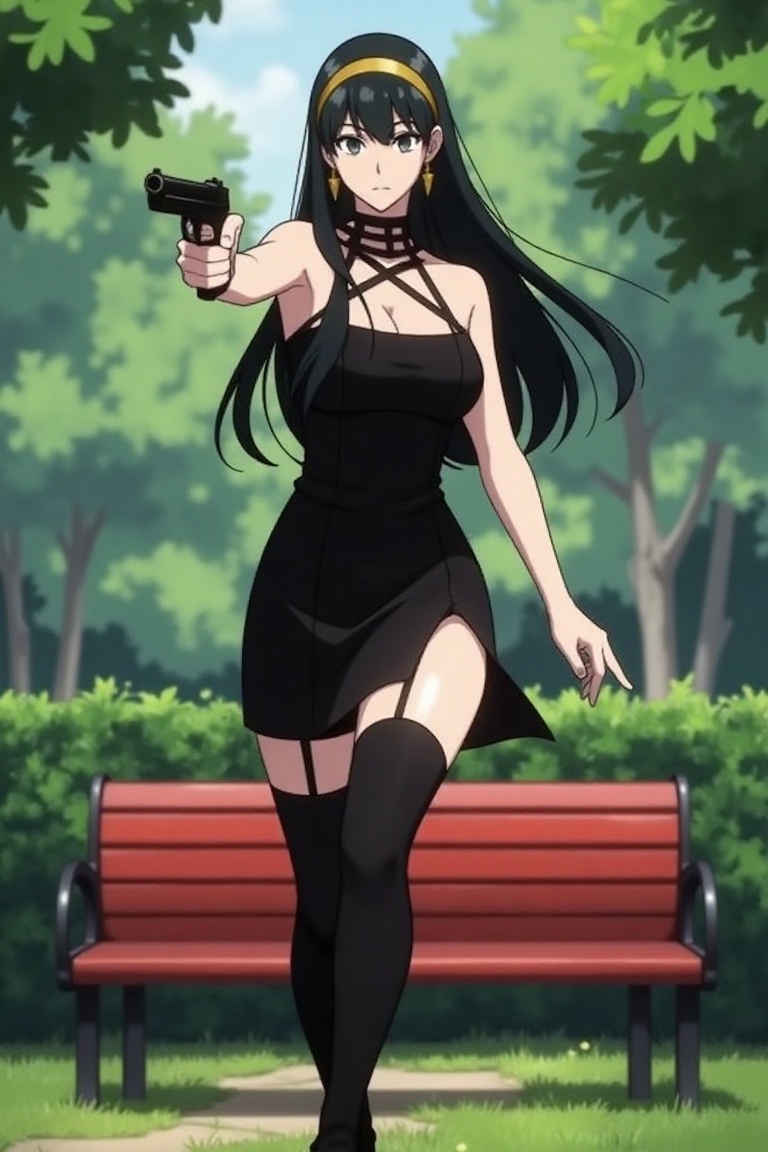Yor Forger,  spy x family standing in a garden,  long black hair on Tensor.Art