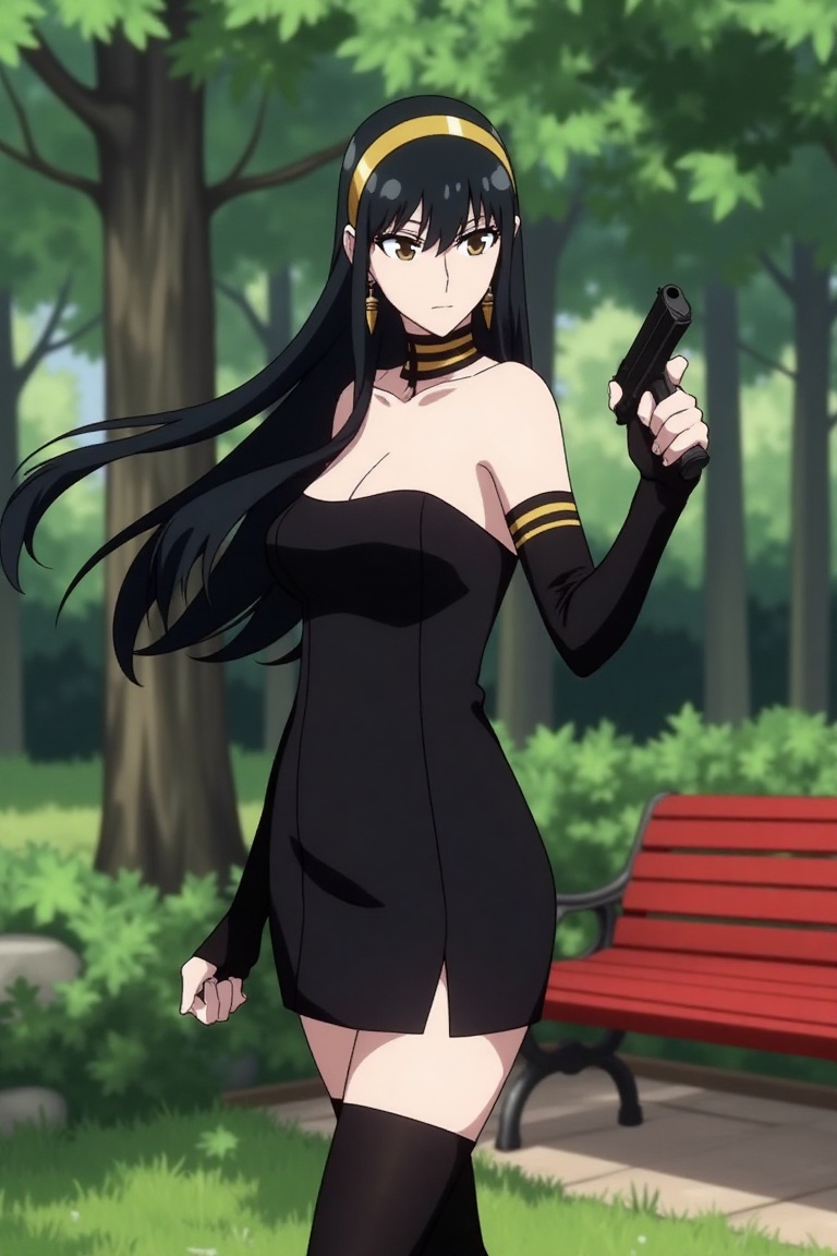 Yor Forger,  spy x family standing in a garden,  long black hair on Tensor.Art