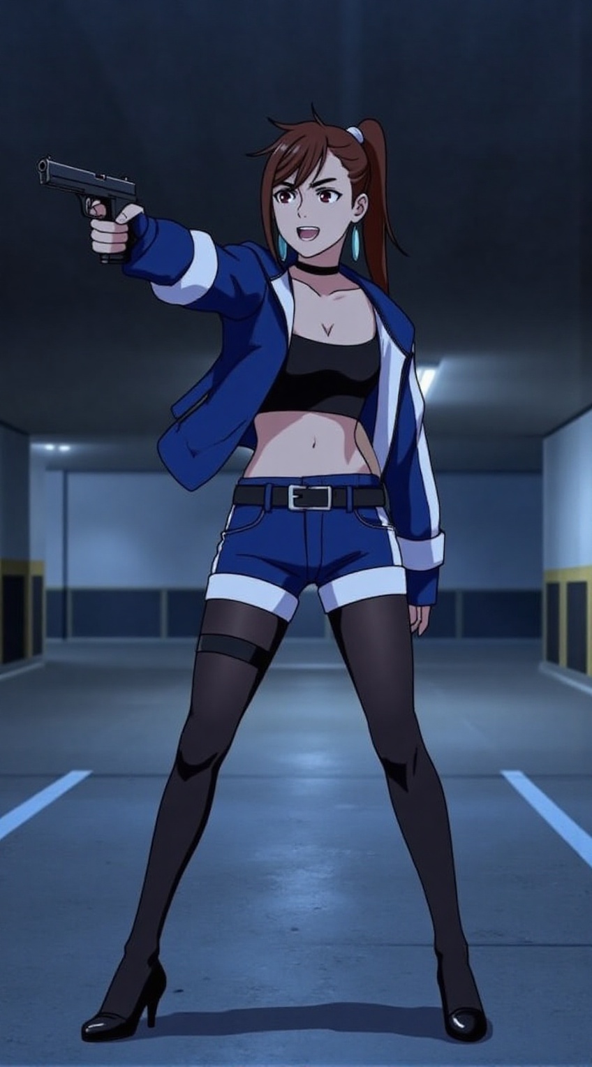 ayase momo standing pointing a pistol,  one-hand grip,  pointing sideways on Tensor.Art