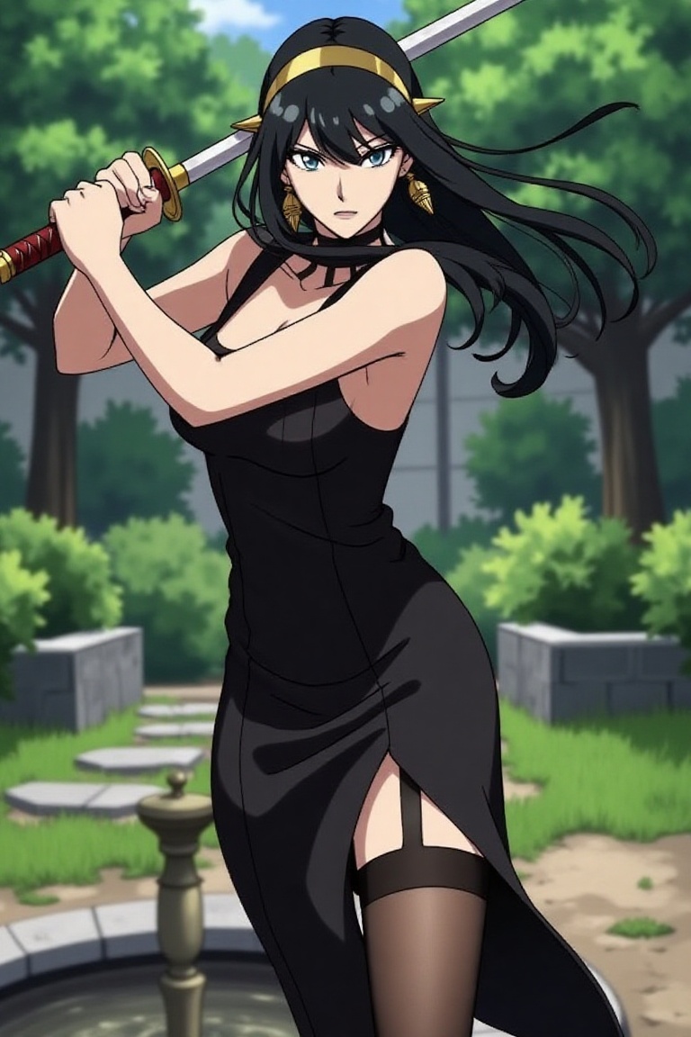 Yor Forger,  spy x family standing in a garden,  long black hair on Tensor.Art
