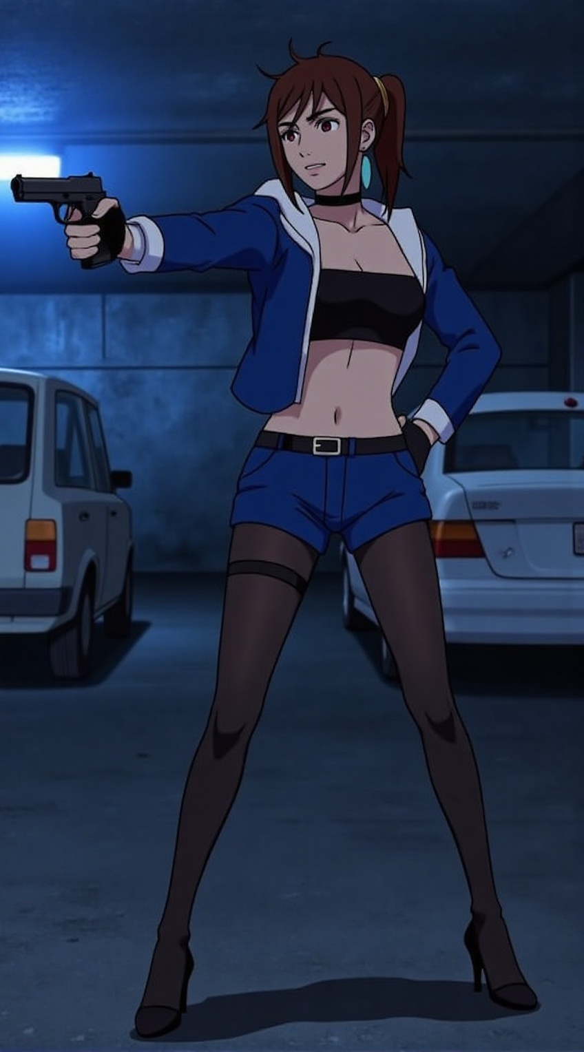 ayase momo standing pointing a pistol,  one-hand grip,  pointing sideways on Tensor.Art