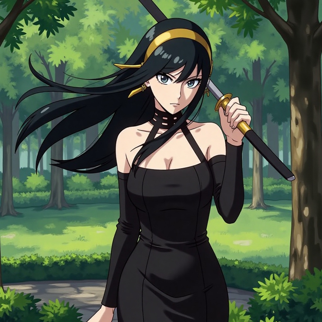 Yor Forger,  spy x family standing in a garden,  long black hair on Tensor.Art